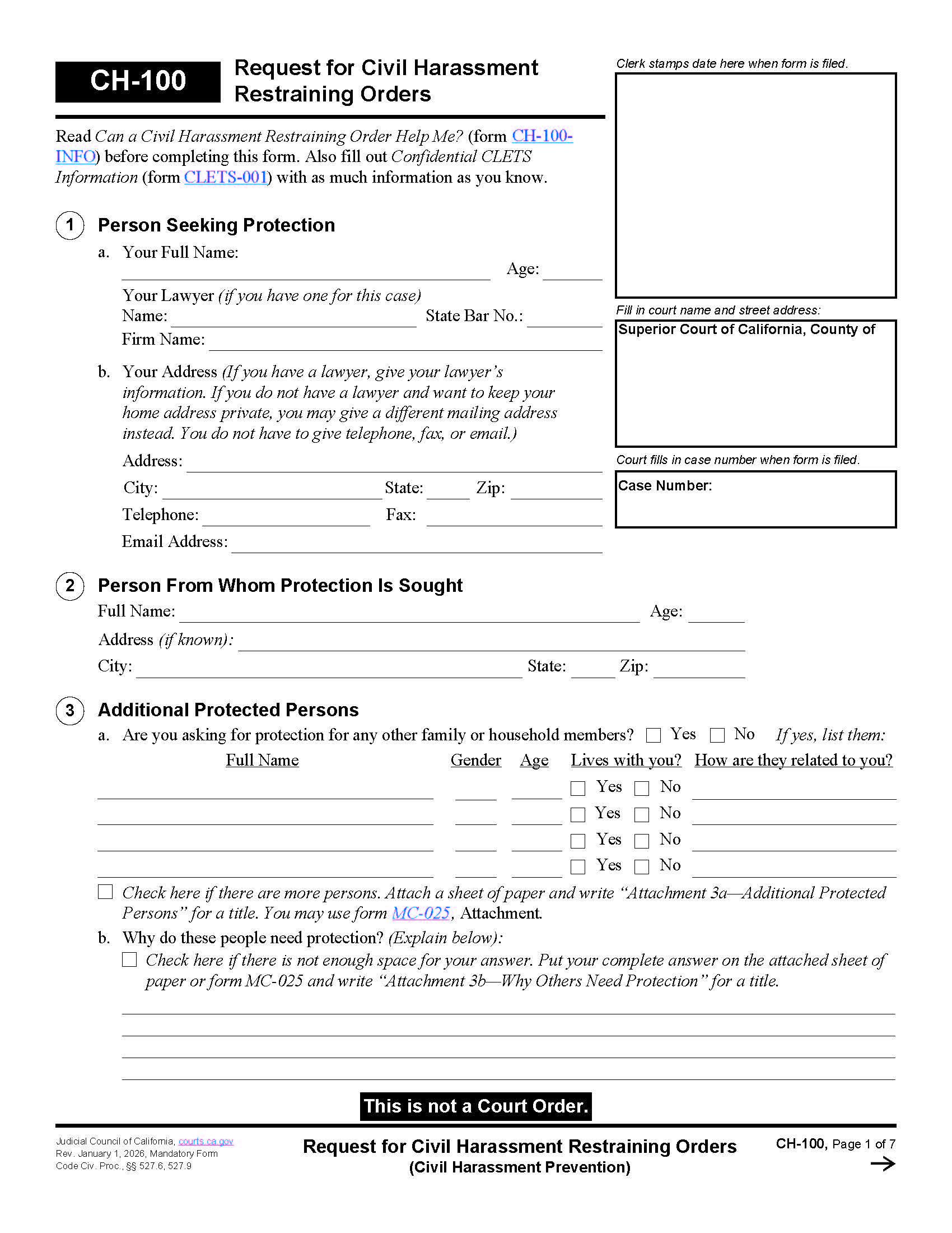 Request For Civil Harassment Restraining Orders {CH-100} | Pdf Fpdf Docx | California