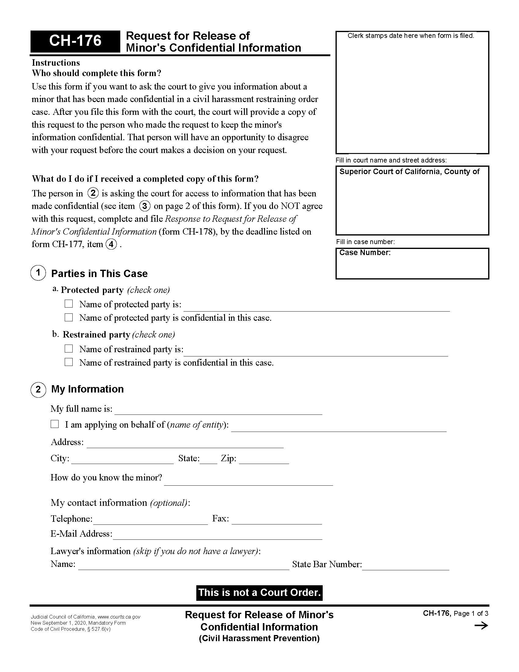 Request For Release Of Minors Confidential Information {CH-176} | Pdf Fpdf Docx | California