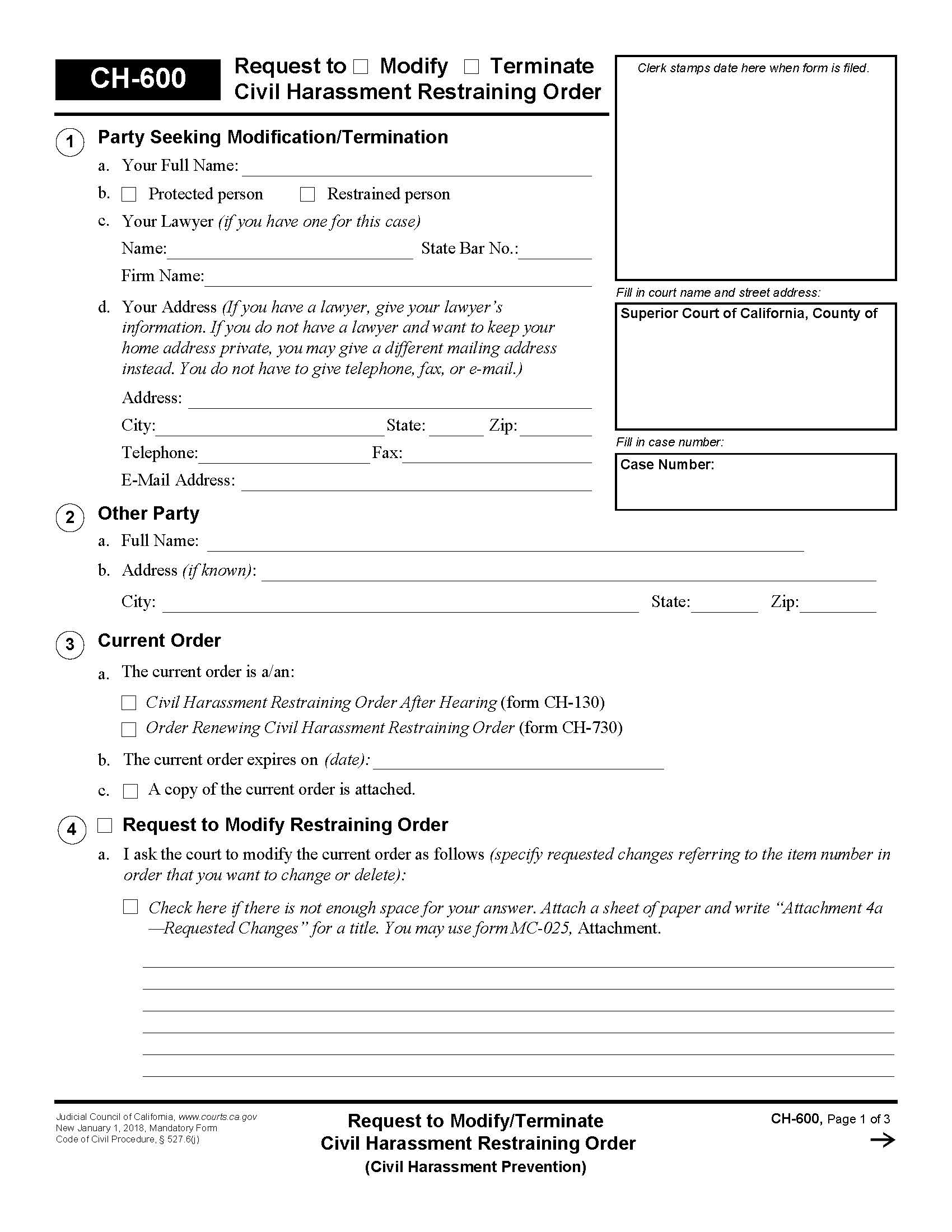 Request To Modify-Terminate Civil Harassment Restraining Order {CH-600} | Pdf Fpdf Docx | California