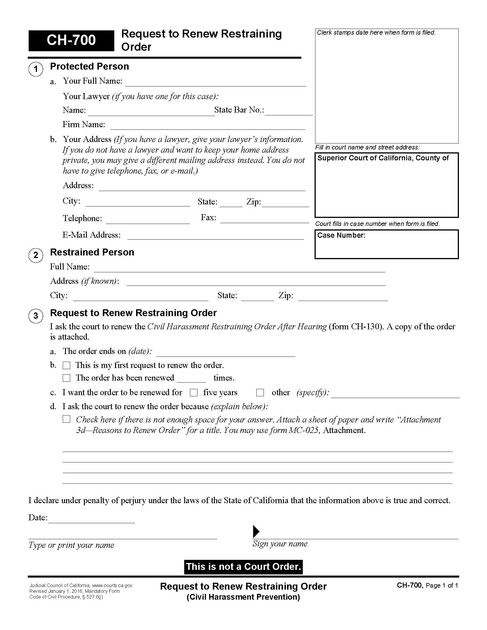 Request To Renew Restraining Order {CH-700} | Pdf Fpdf Doc Docx | California