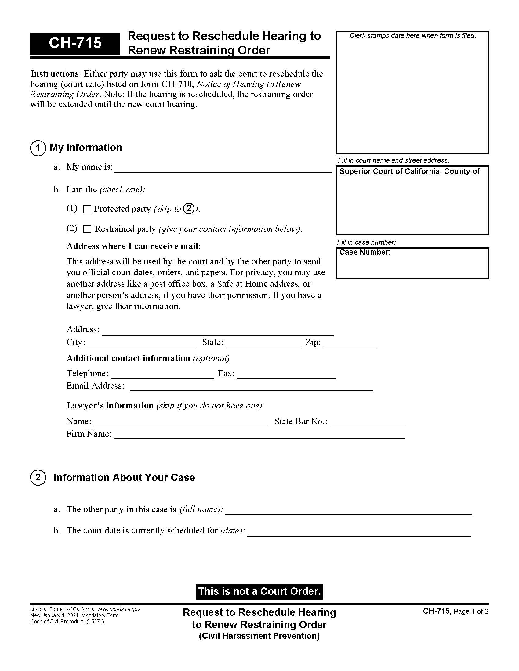 Request To Reschedule Hearing To Renew Restraining Order {CH-715} | Pdf Fpdf Docx | California