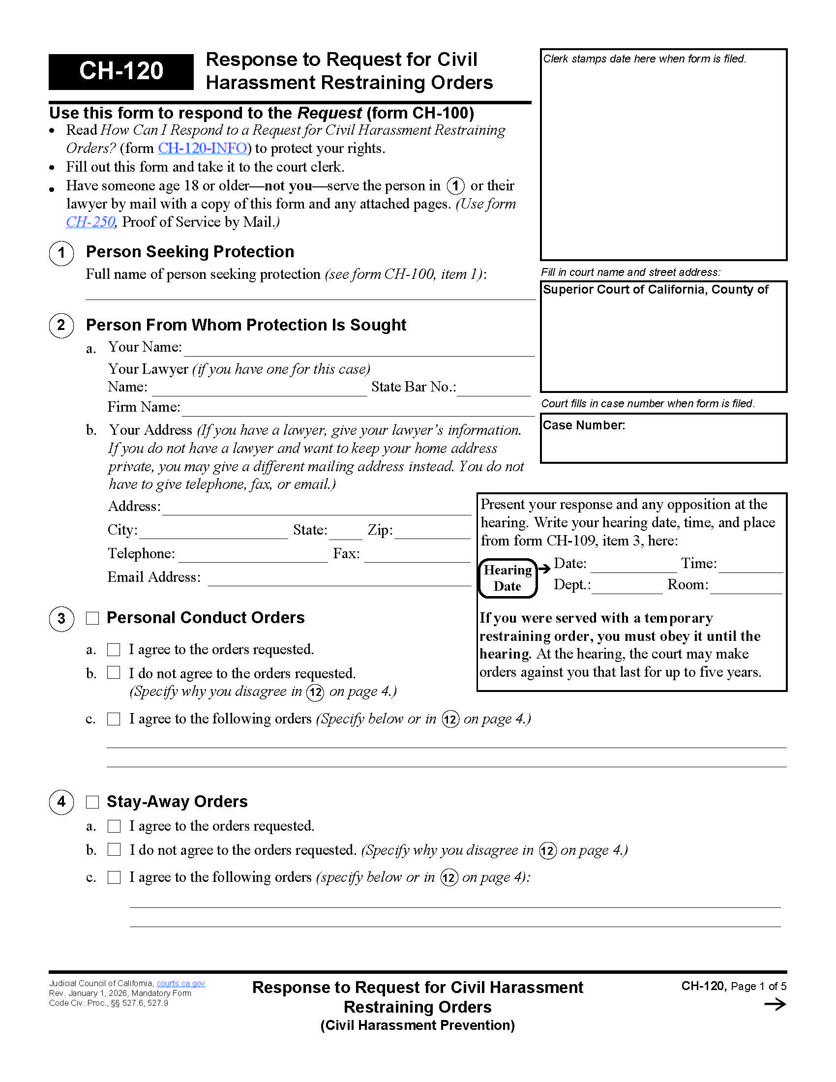 Response To Request For Civil Harassment Restraining Orders {CH-120} | Pdf Fpdf Docx | California