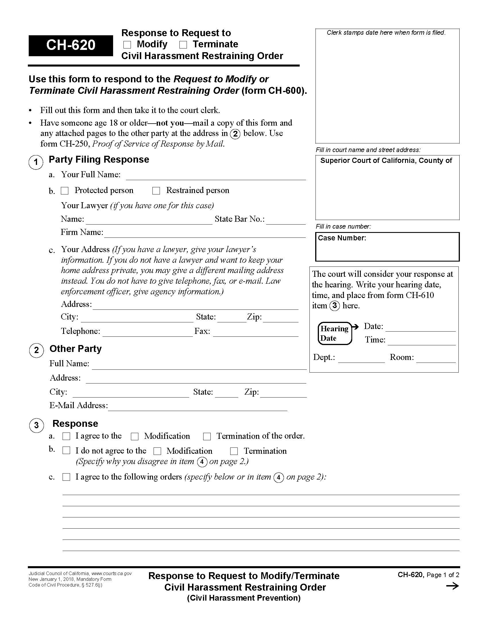 Response To Request To Modify-Terminate Civil Harassment Restraining Order {CH-620} | Pdf Fpdf Docx | California