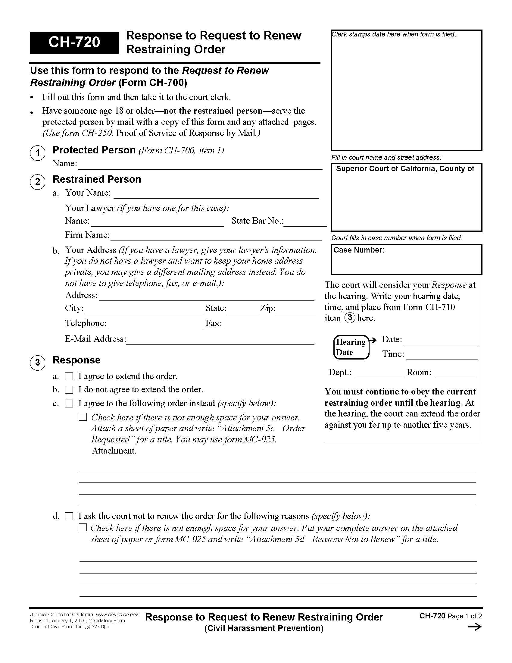 Response To Request To Renew Restraining Order {CH-720} | Pdf Fpdf Doc Docx | California