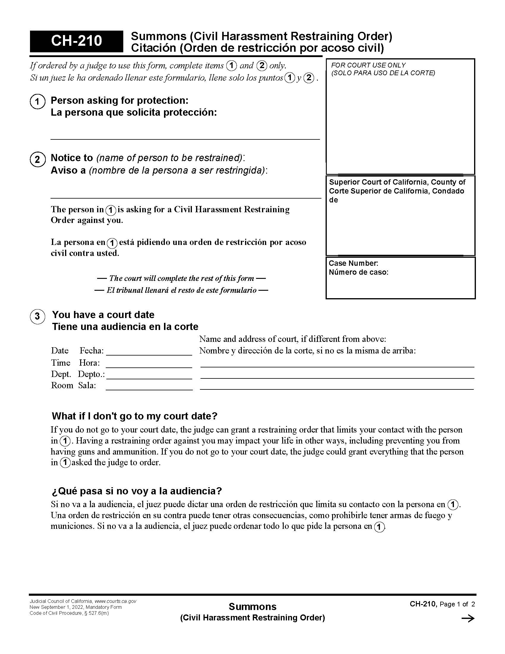 Summons (Civil Harassment Restraining Order) {CH-210} | Pdf Fpdf Docx | California
