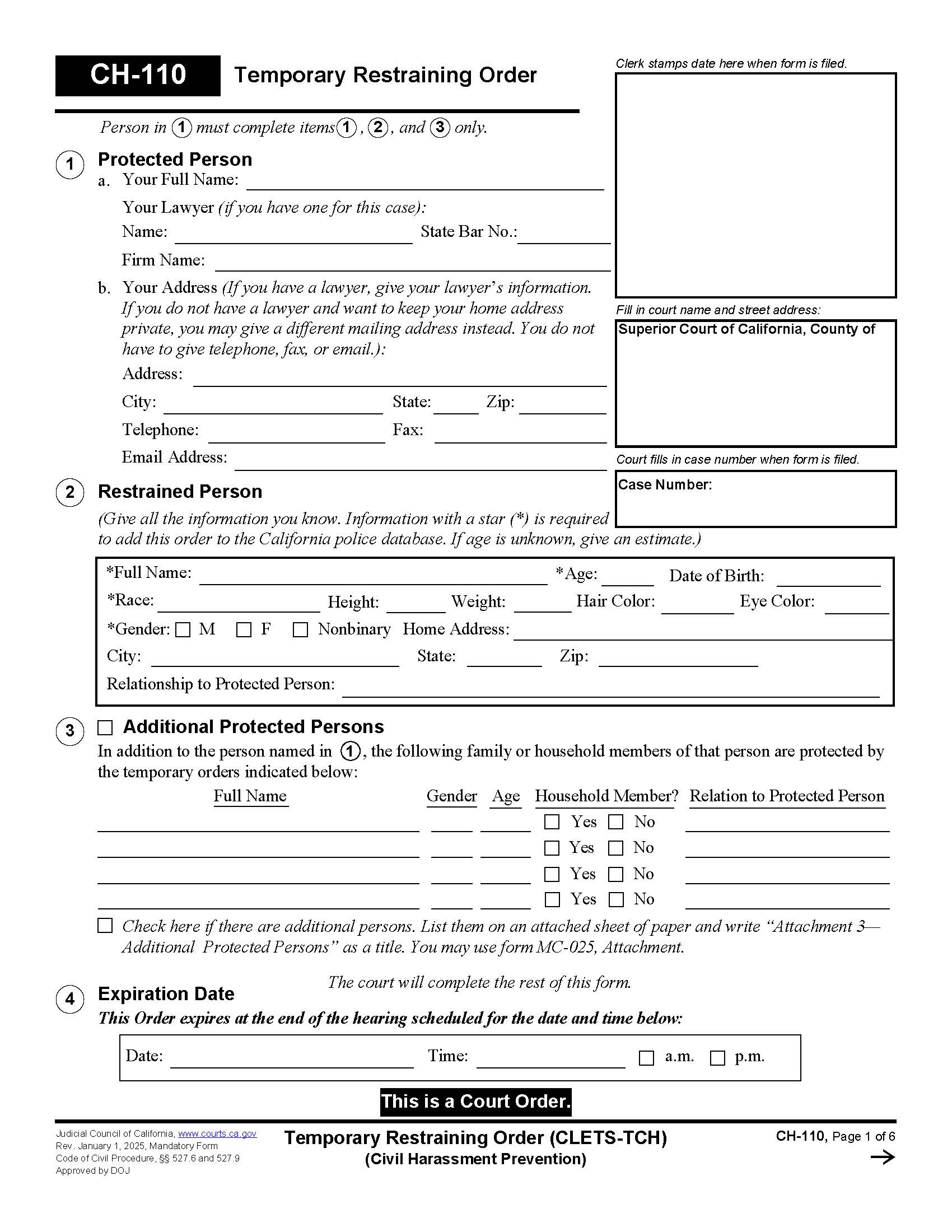 Temporary Restraining Order (CLETS-TCH) {CH-110} | Pdf Fpdf Doc Docx | California