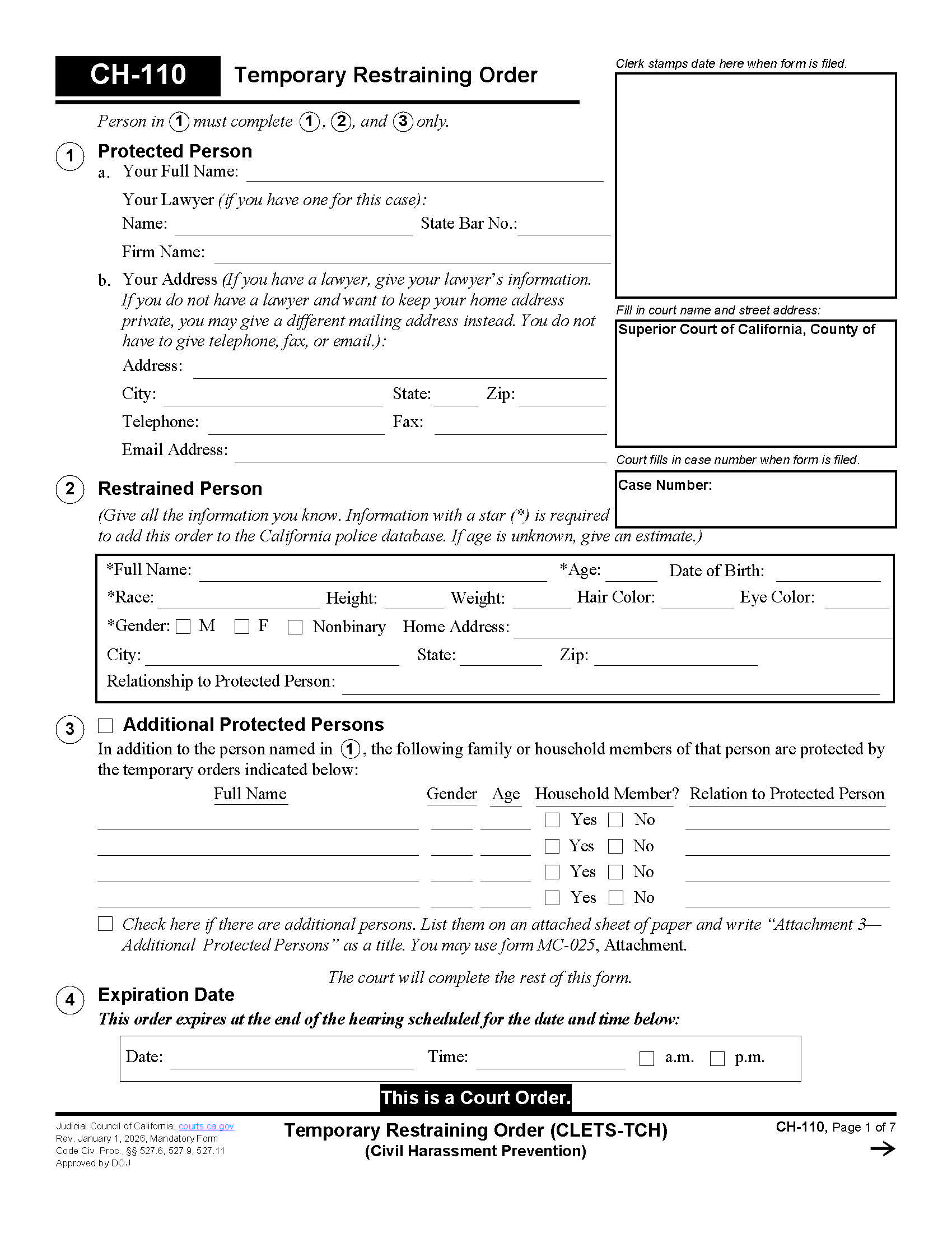 Temporary Restraining Order (CLETS-TCH) {CH-110} | Pdf Fpdf Doc Docx | California