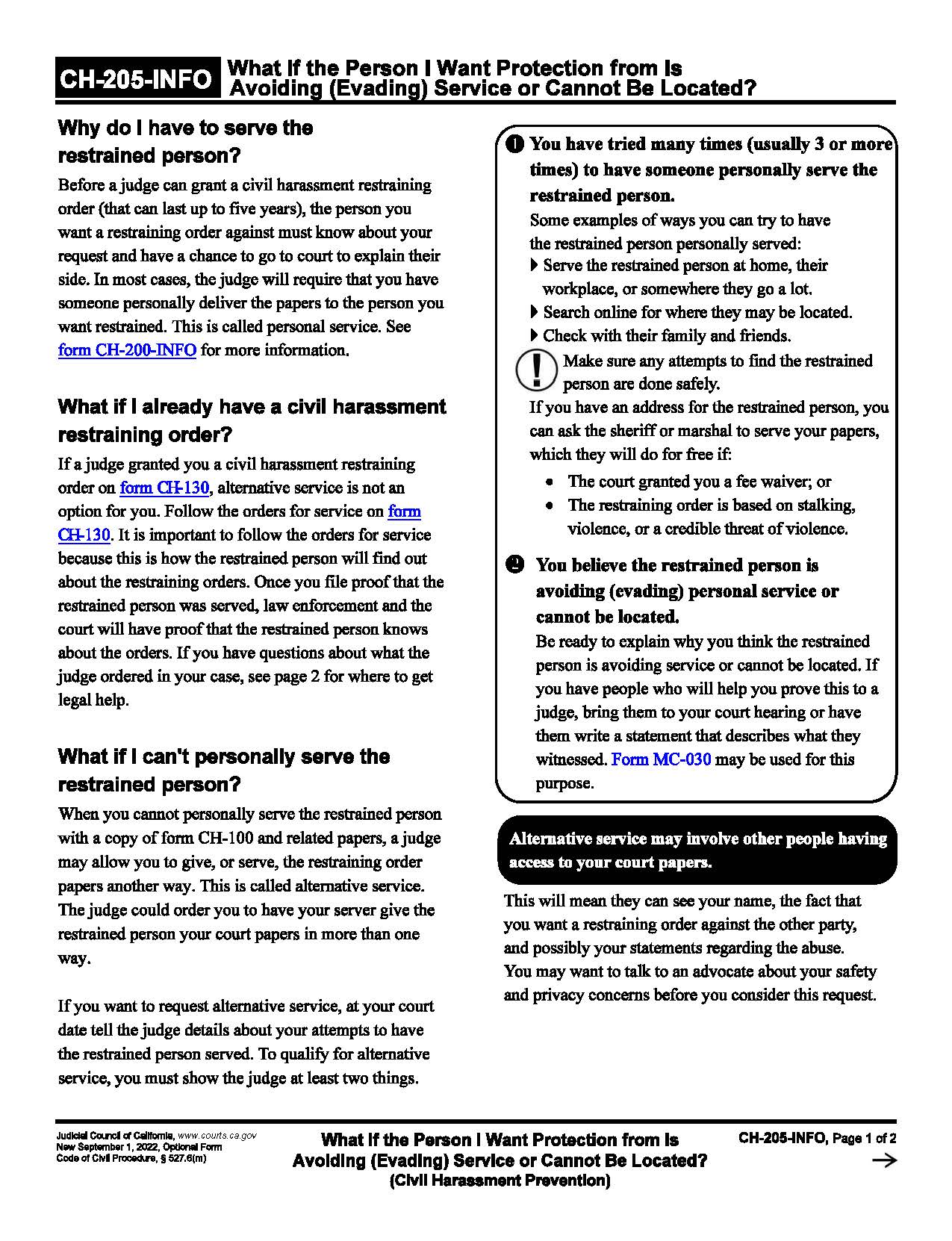 What If The Person I Want Protection From Is Avoiding (Evading) Service {CH-205-INFO} | Pdf Fpdf Docx | California