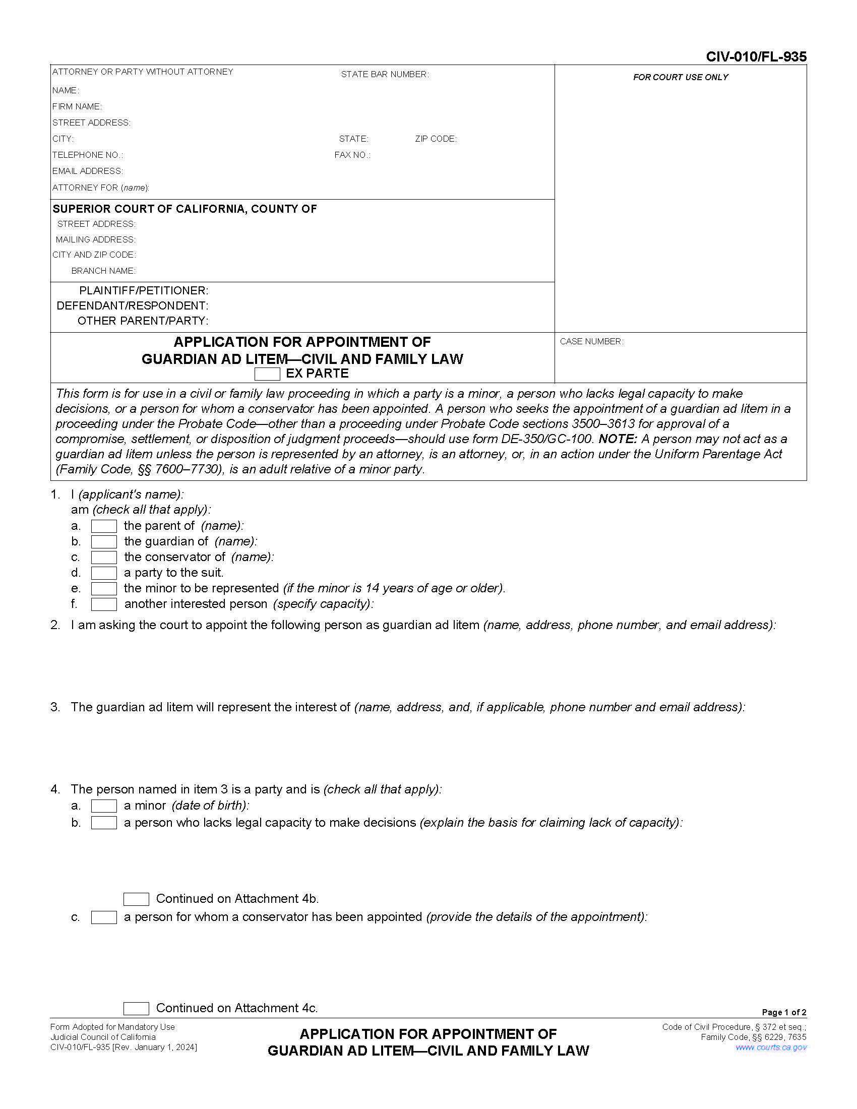 Application And Order For Appointment Of Guardian Ad Litem -Civil And Family {CIV-010 FL-935} | Pdf Fpdf Doc Docx | California