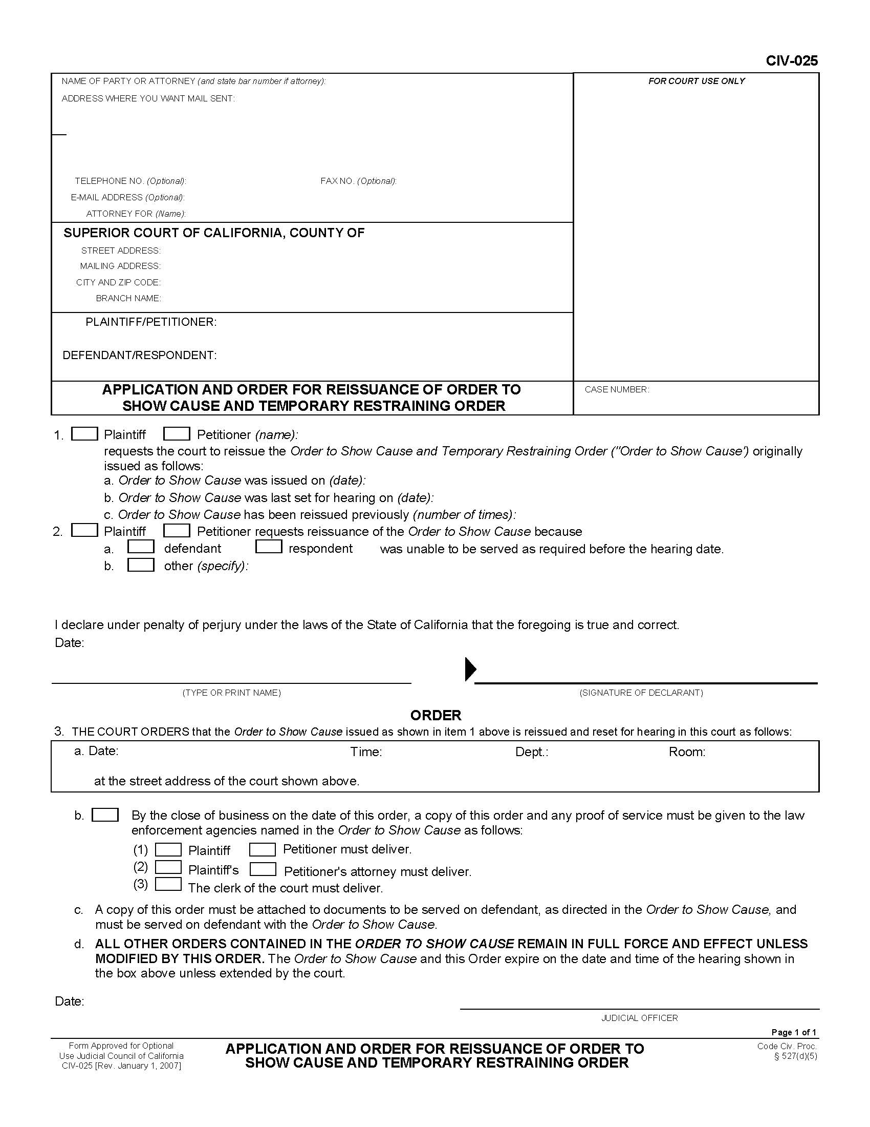 Application And Order For Reissuance Of Order To Show Cause And Temporary Restraining Order {CIV-025} | Pdf Fpdf Doc Docx | California