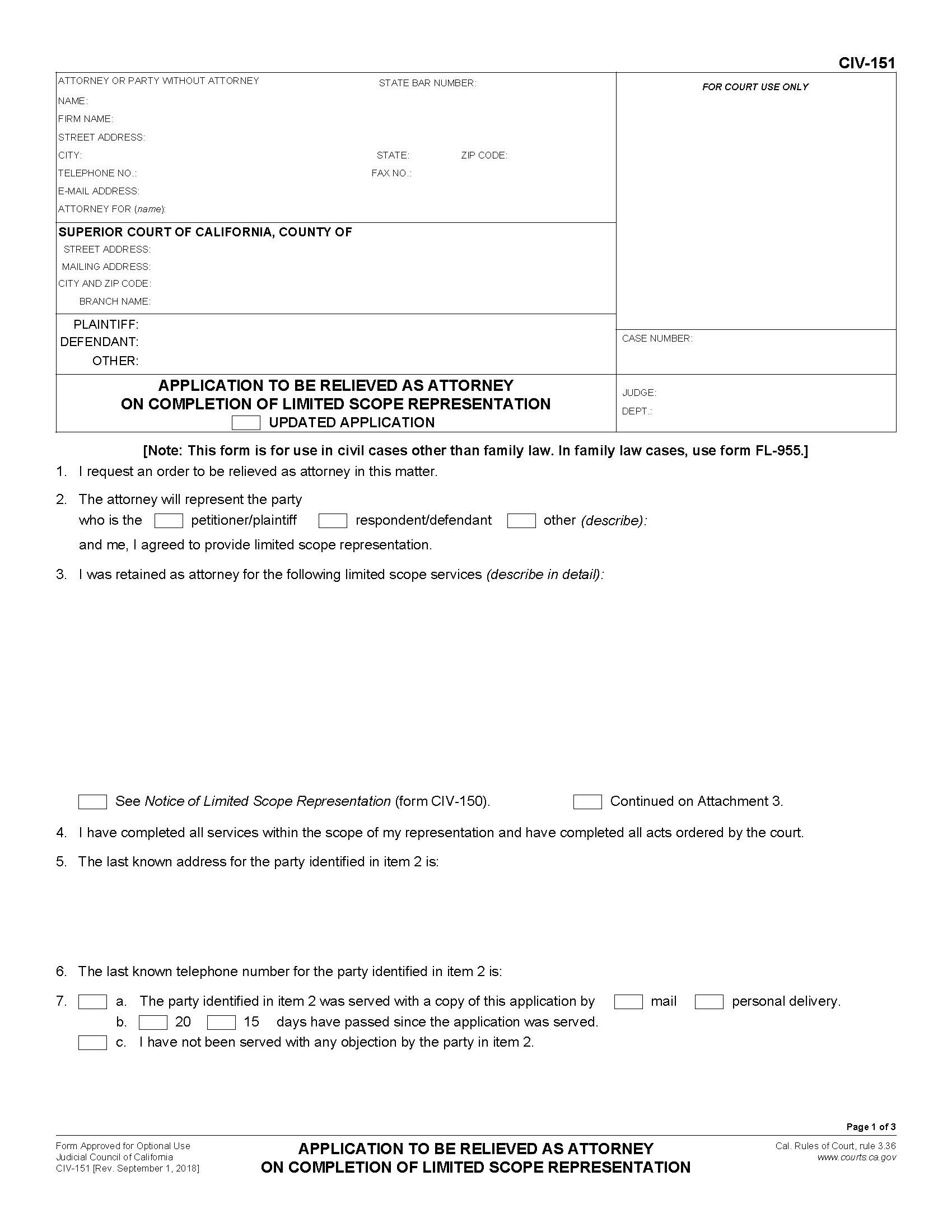 Application To Be Relieved As Attorney On Completion Of Limited Scope Respresentation {CIV-151} | Pdf Fpdf Docx | California