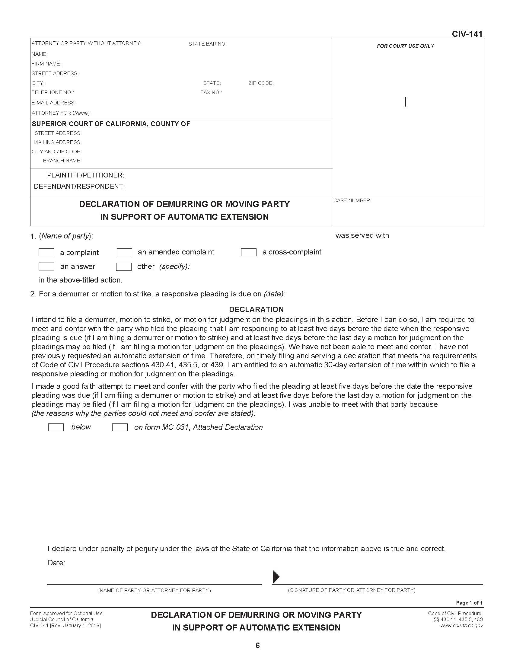 Declaration Of Demurring Party In Support Of Automatic Extension {CIV-141} | Pdf Fpdf Docx | California