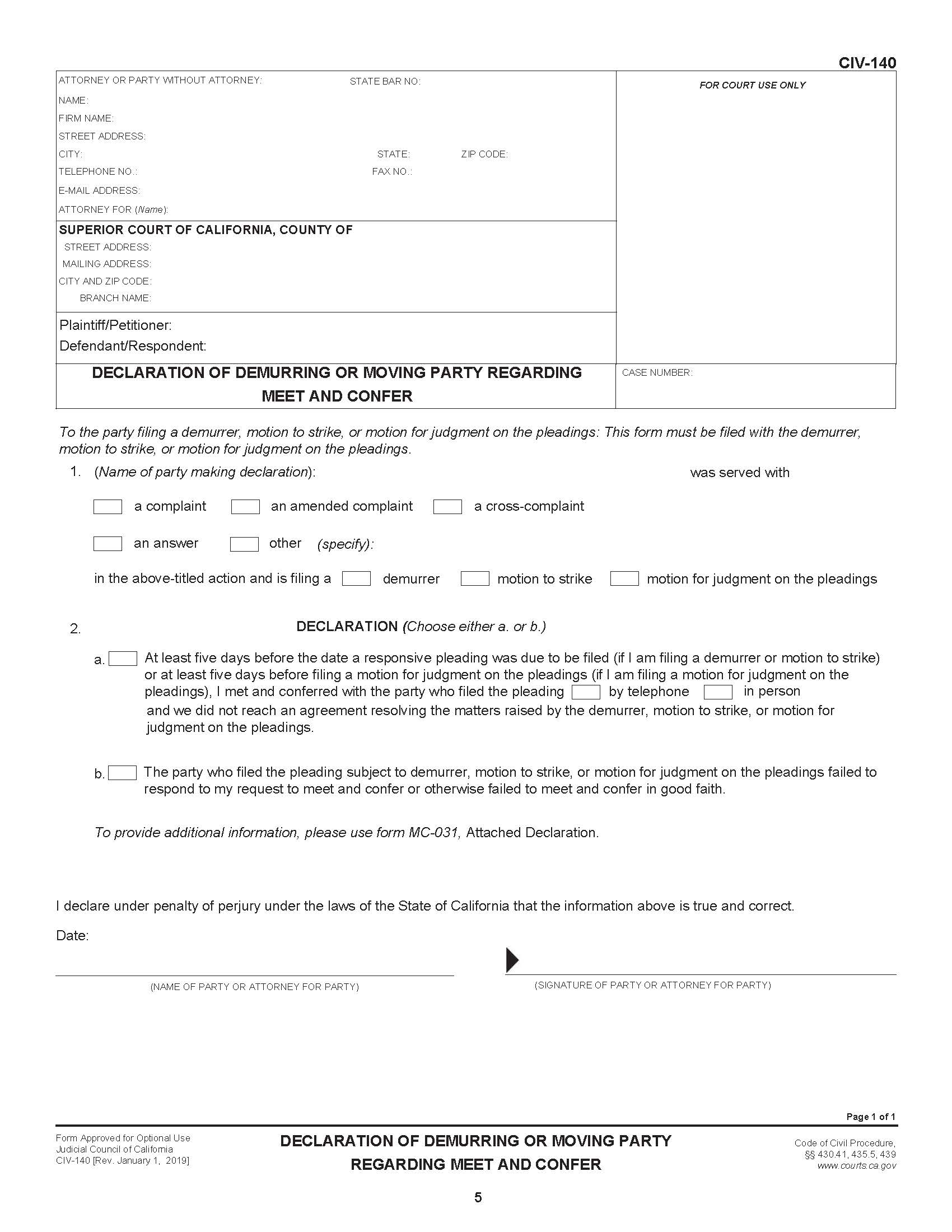 Declaration Of Demurring Party Regarding Meet And Confer {CIV-140} | Pdf Fpdf Docx | California