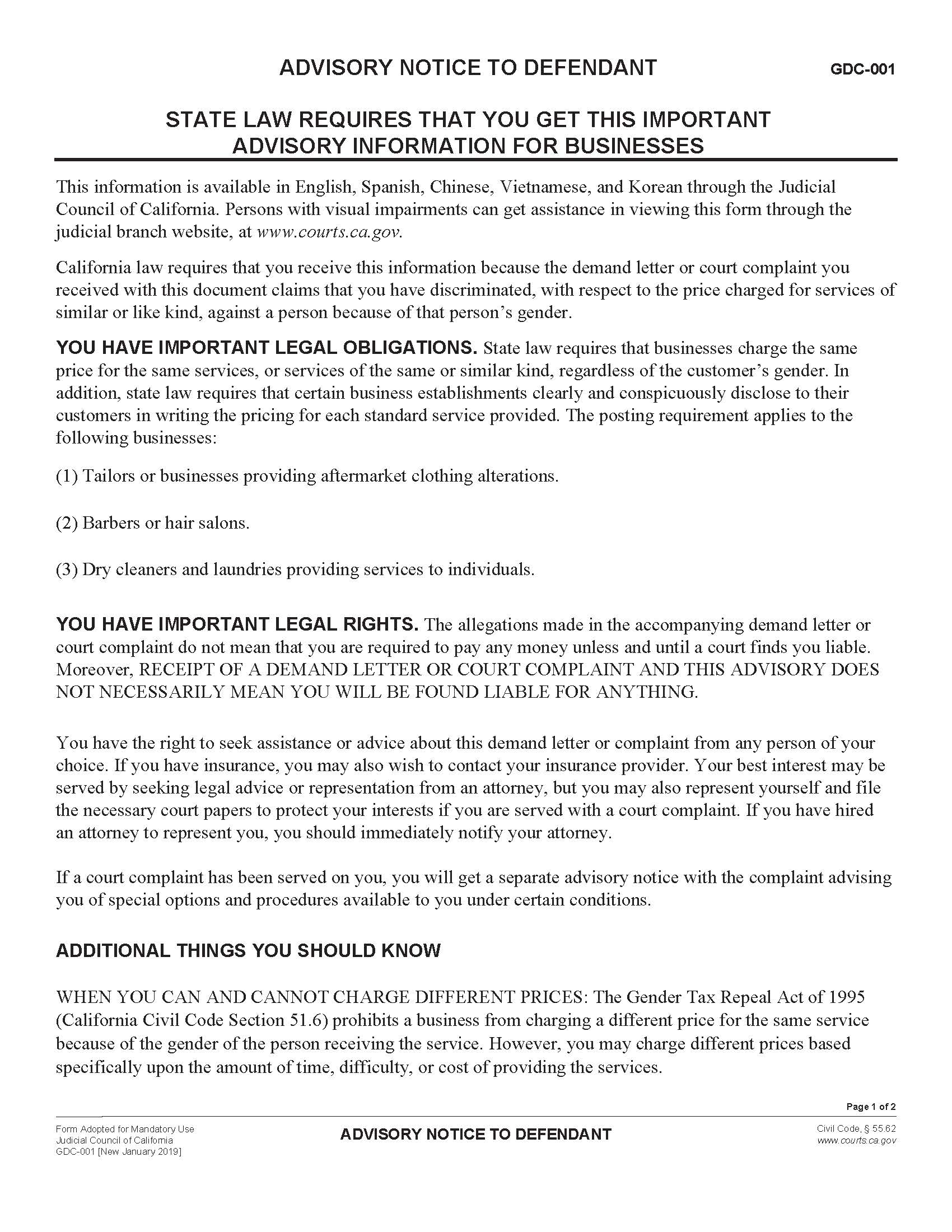 Gender Discrimination Notice {GDC-001} | Pdf Fpdf Docx | California