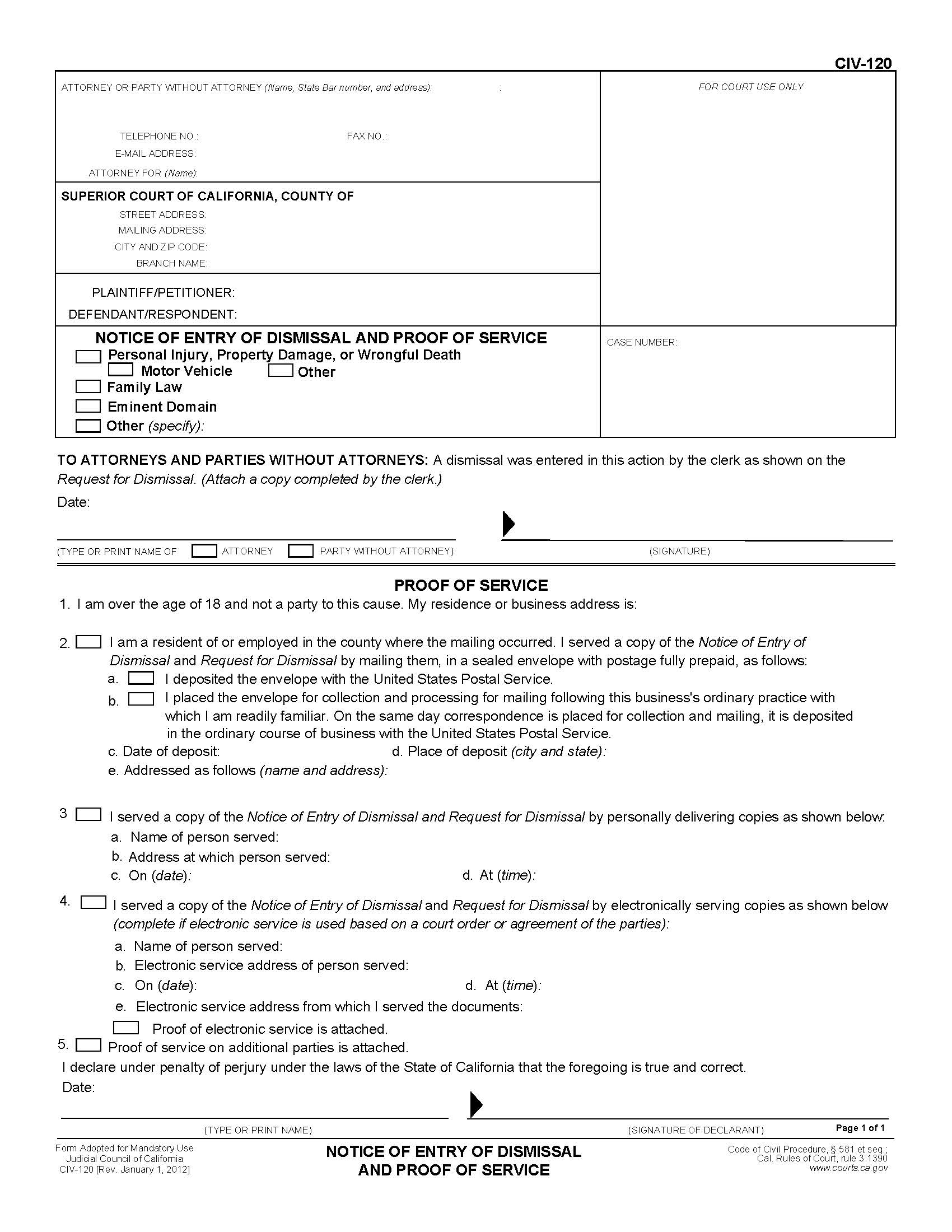 Notice Of Entry Of Dismissal And Proof Of Service {CIV-120} | Pdf Fpdf Doc Docx | California