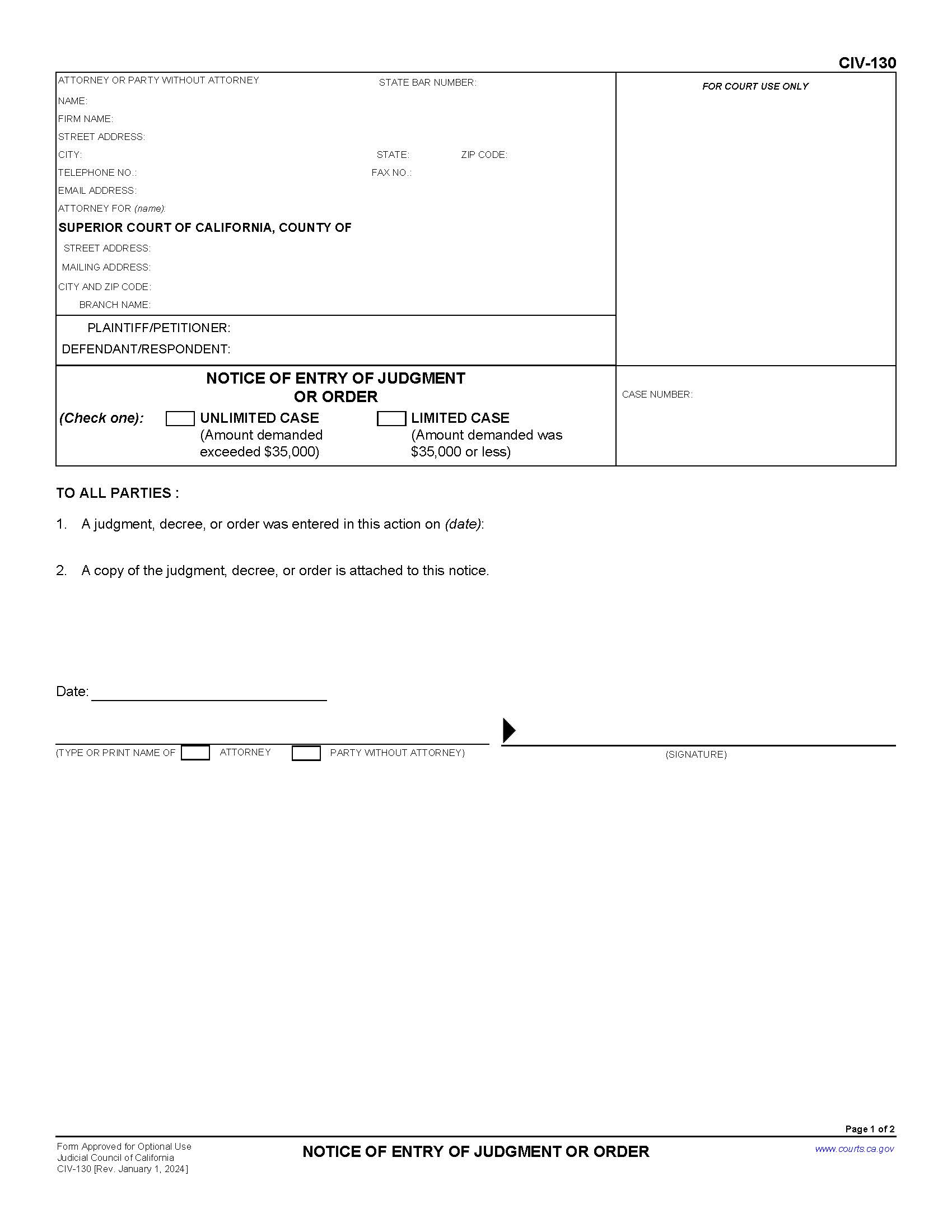 Notice Of Entry Of Judgment Or Order {CIV-130} | Pdf Fpdf Doc Docx | California