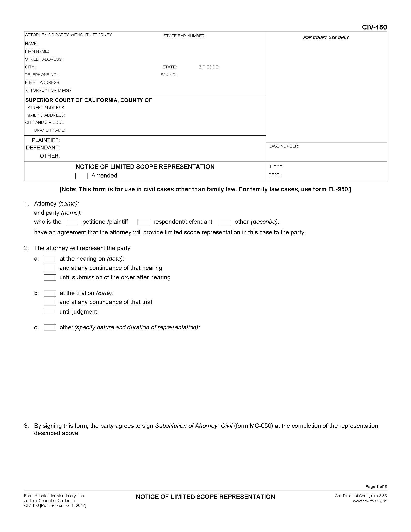 Notice Of Limited Scope Representation {CIV-150} | Pdf Fpdf Docx | California