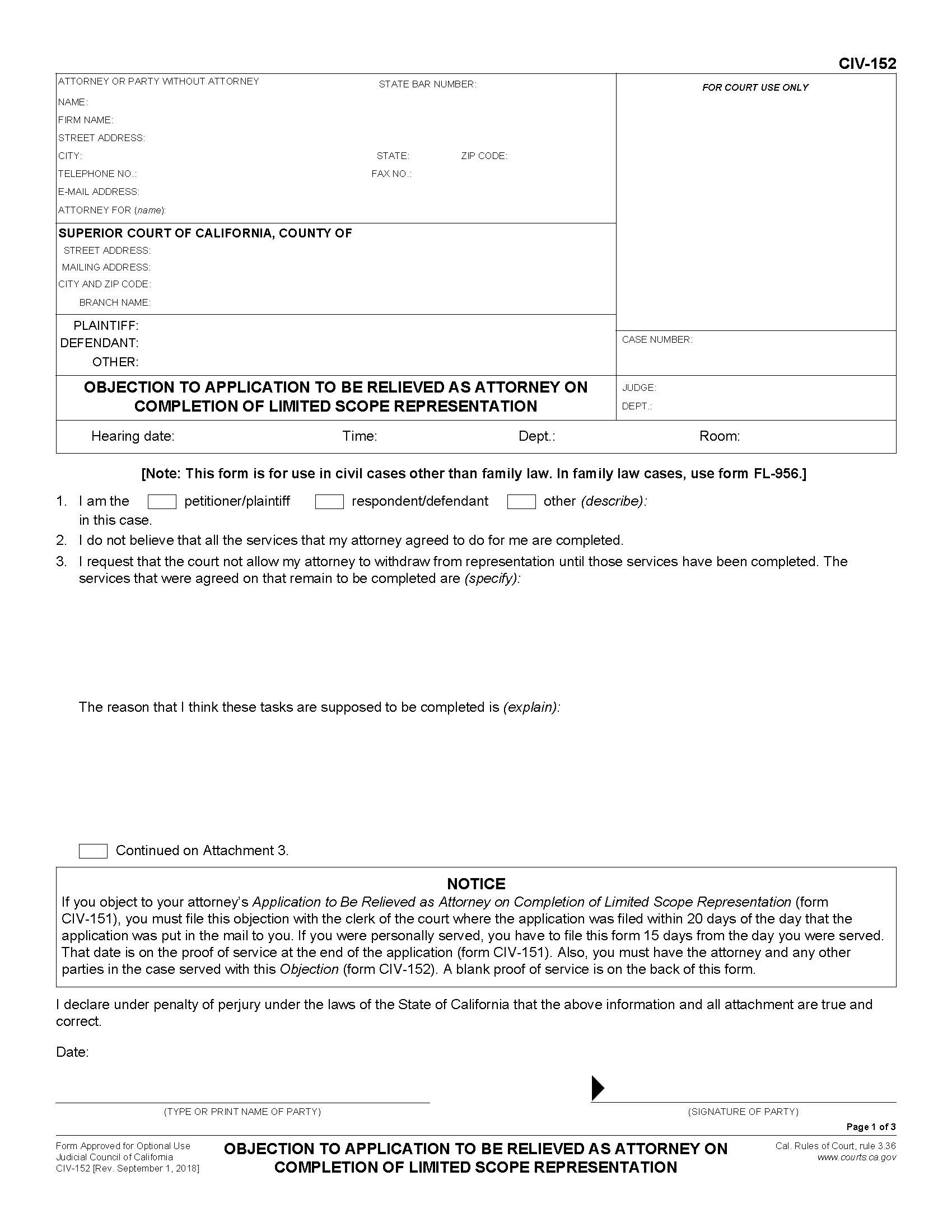 Objection To Application To Be Relieved As Attorney On Completion {CIV-152} | Pdf Fpdf Docx | California