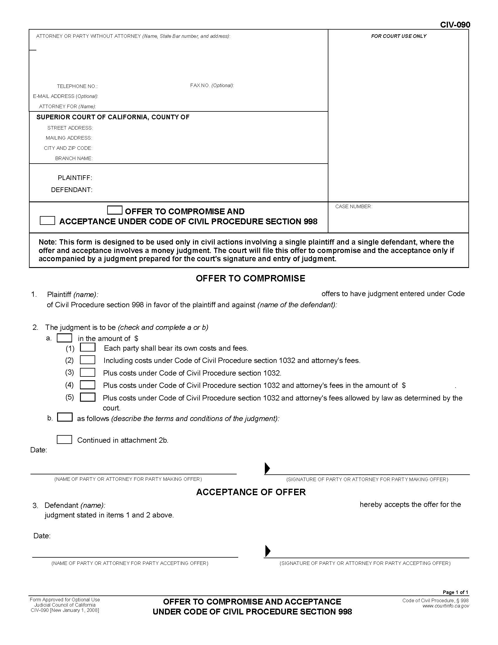 Offer To Compromise And Acceptance Under Code Of Civil Procedure Section 998 {CIV-090} | Pdf Fpdf Doc Docx | California