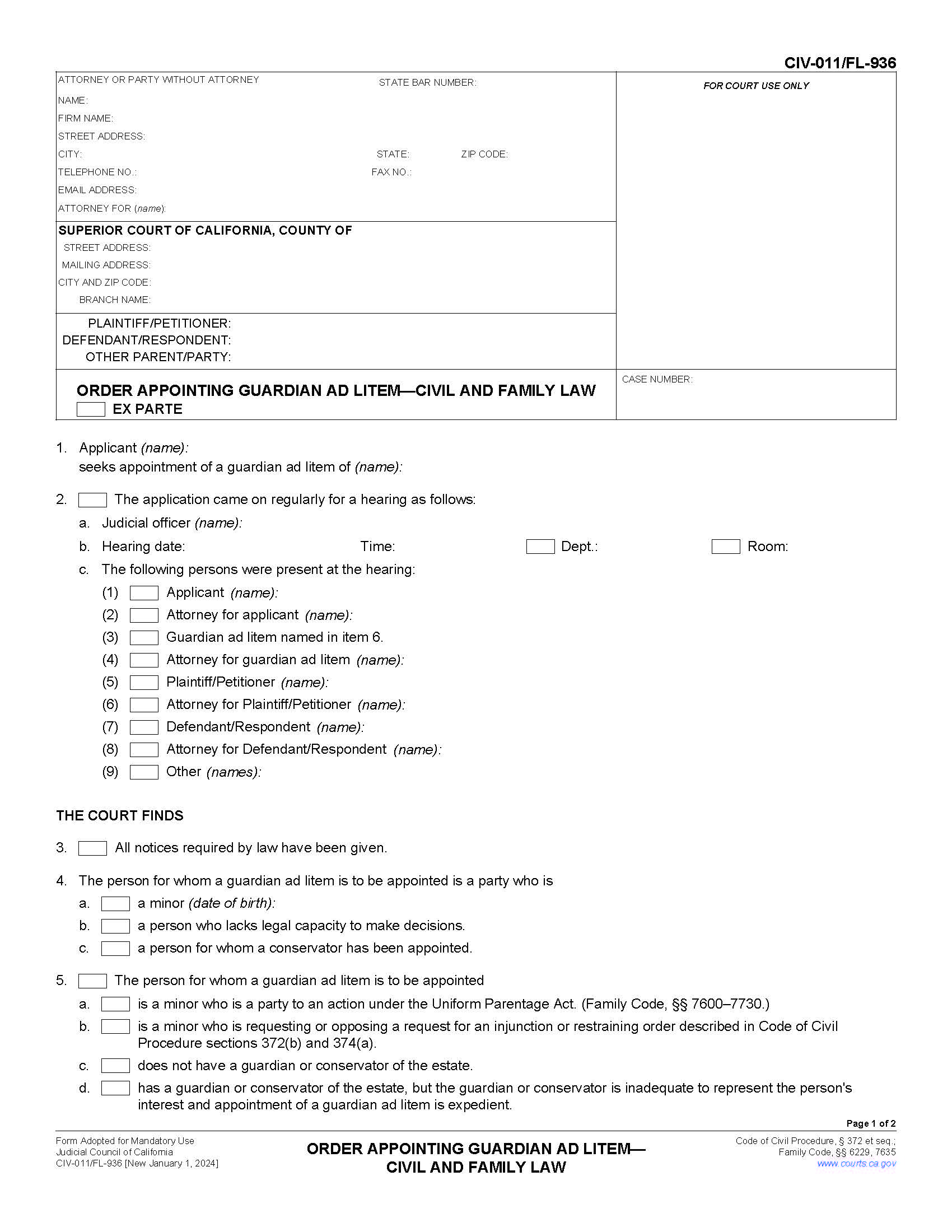 Order Appointing Guardian Ad Litem-Civil And Family Law {CIV-011 FL-936} | Pdf Fpdf Docx | California