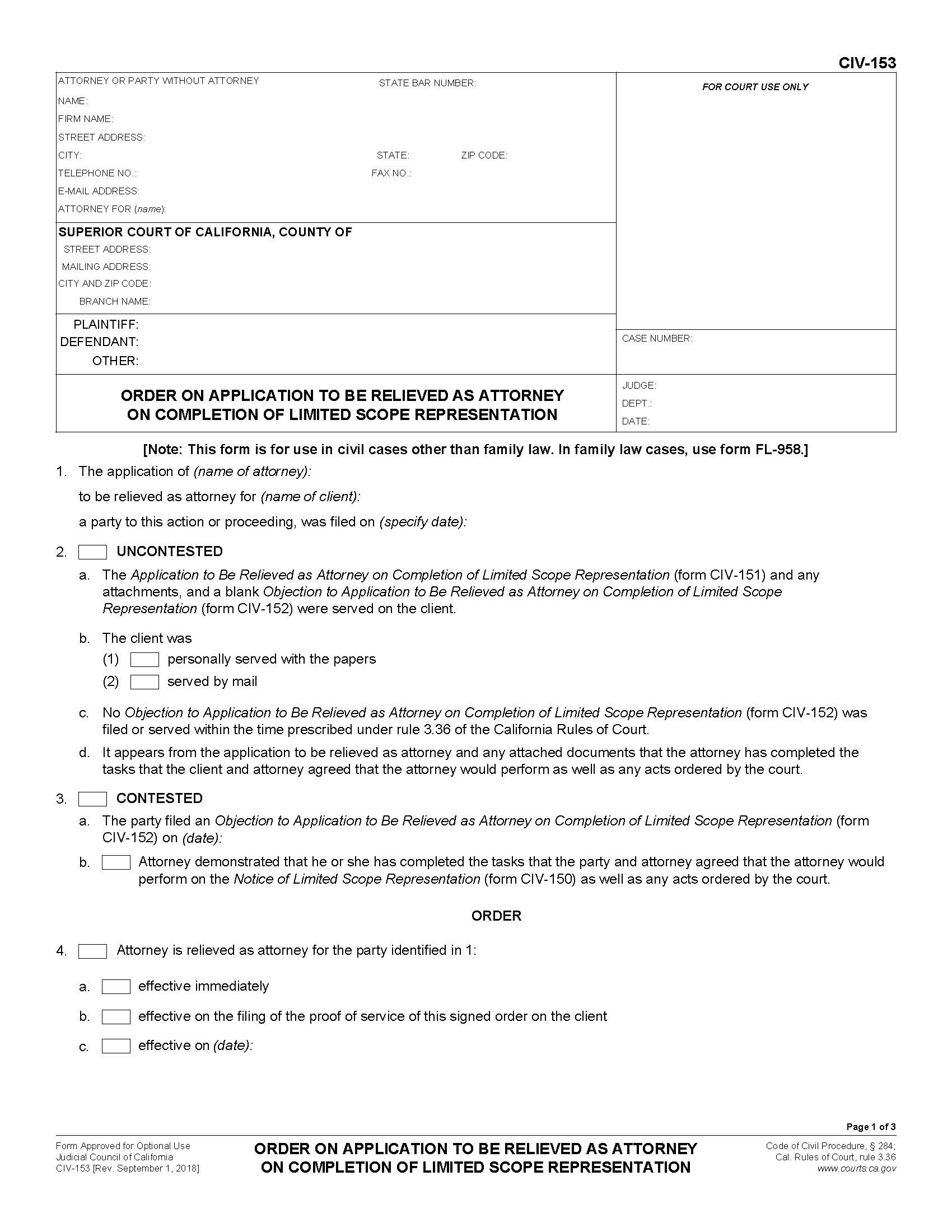 Order On Application To Be Relived As Attorney On Completion {CIV-153} | Pdf Fpdf Docx | California