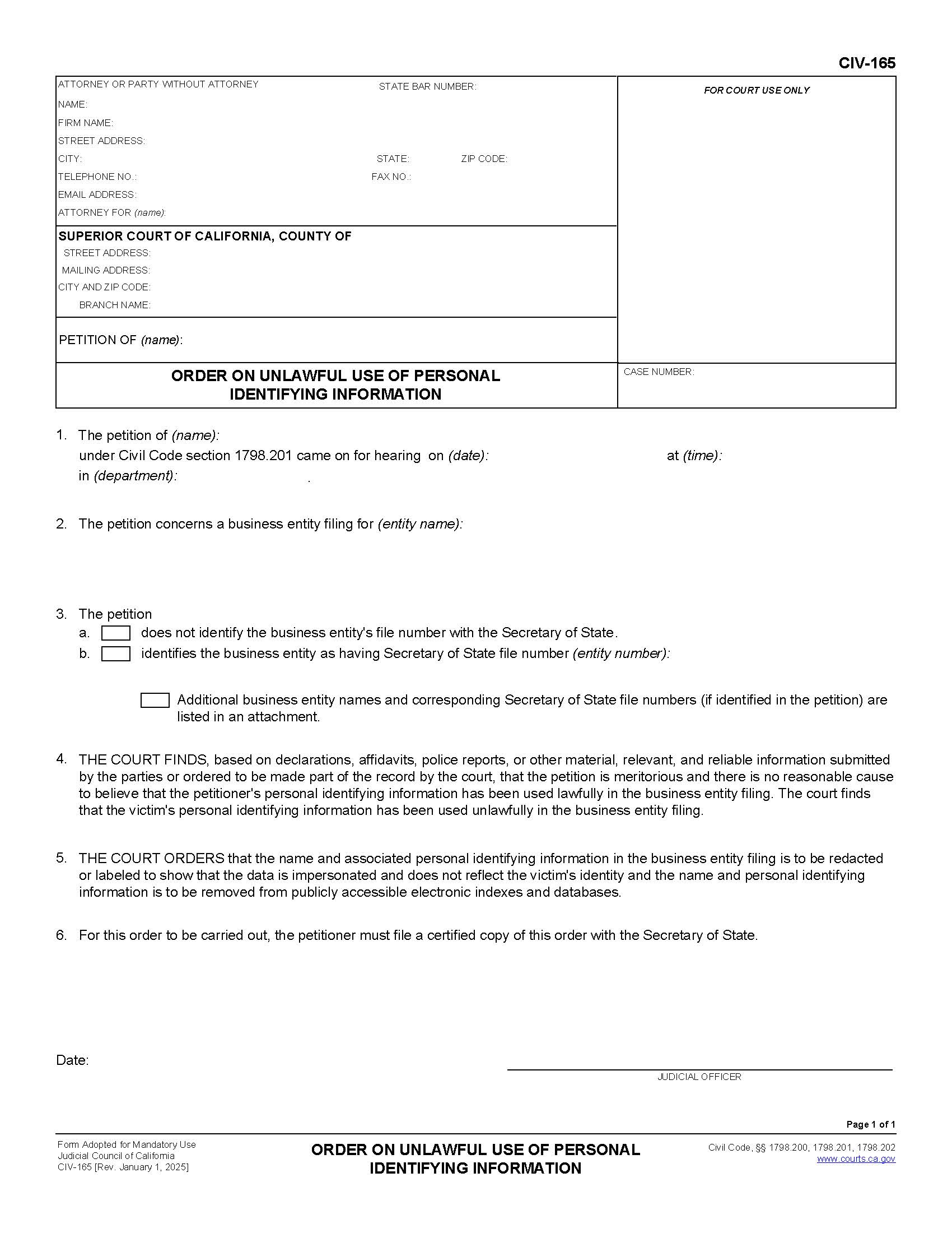 Order On Unlawful Use Of Personal Identifying Information {CIV-165} | Pdf Fpdf Docx | California