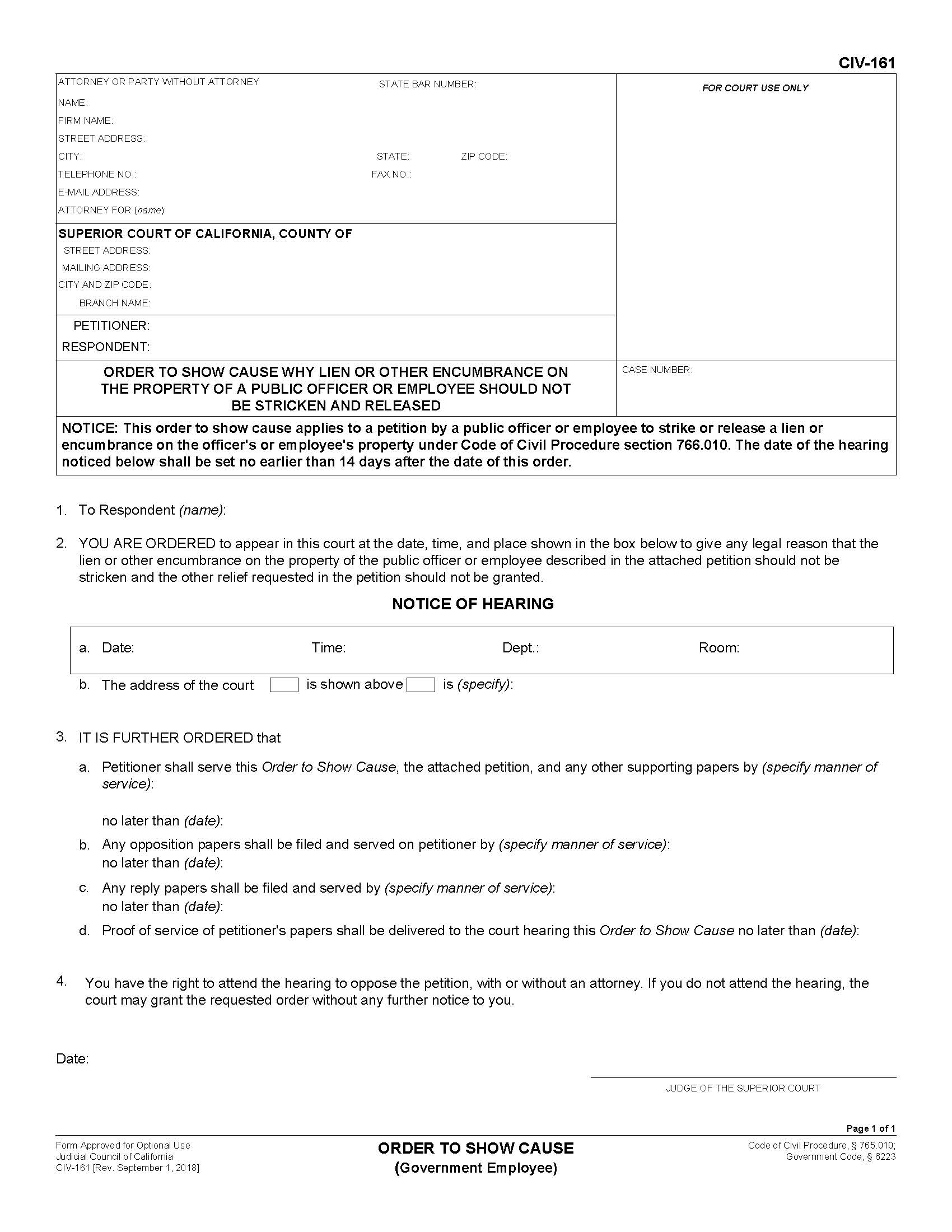 Order To Show Cause (Government Employee) {CIV-161} | Pdf Fpdf Docx | California