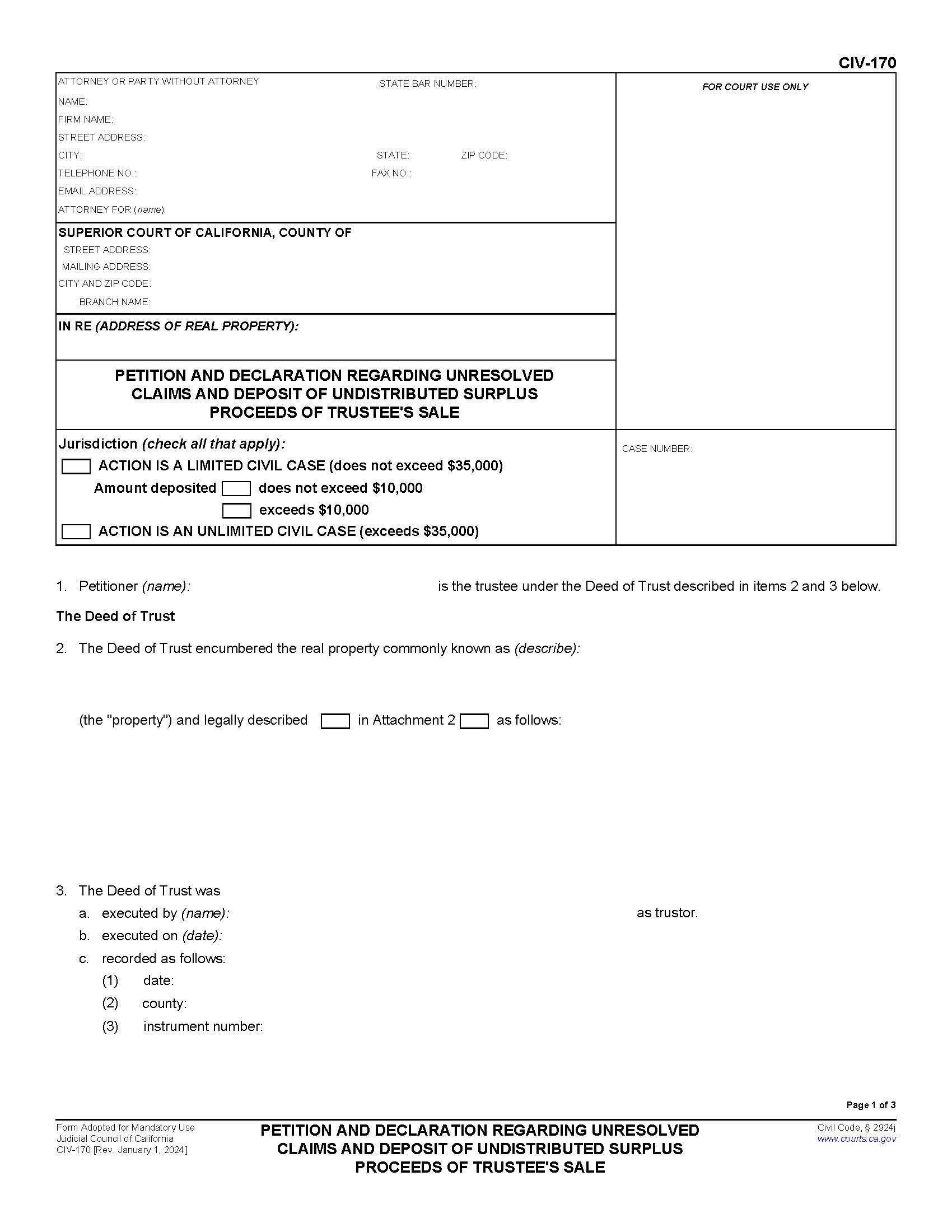 Petition And Declaration Regarding Unresolved Claims And Deposit Of Undistributed Surplus {CIV-170} | Pdf Fpdf Docx | California