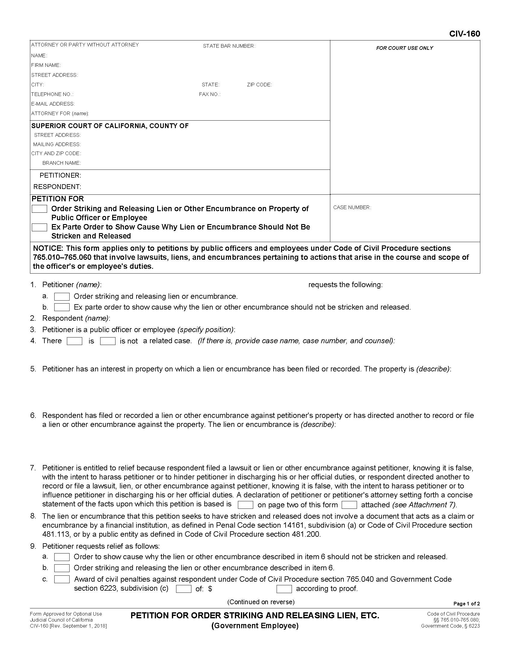 Petition For Order Striking And Releasing Lien Ect. (Government Employee) {CIV-160} | Pdf Fpdf Docx | California