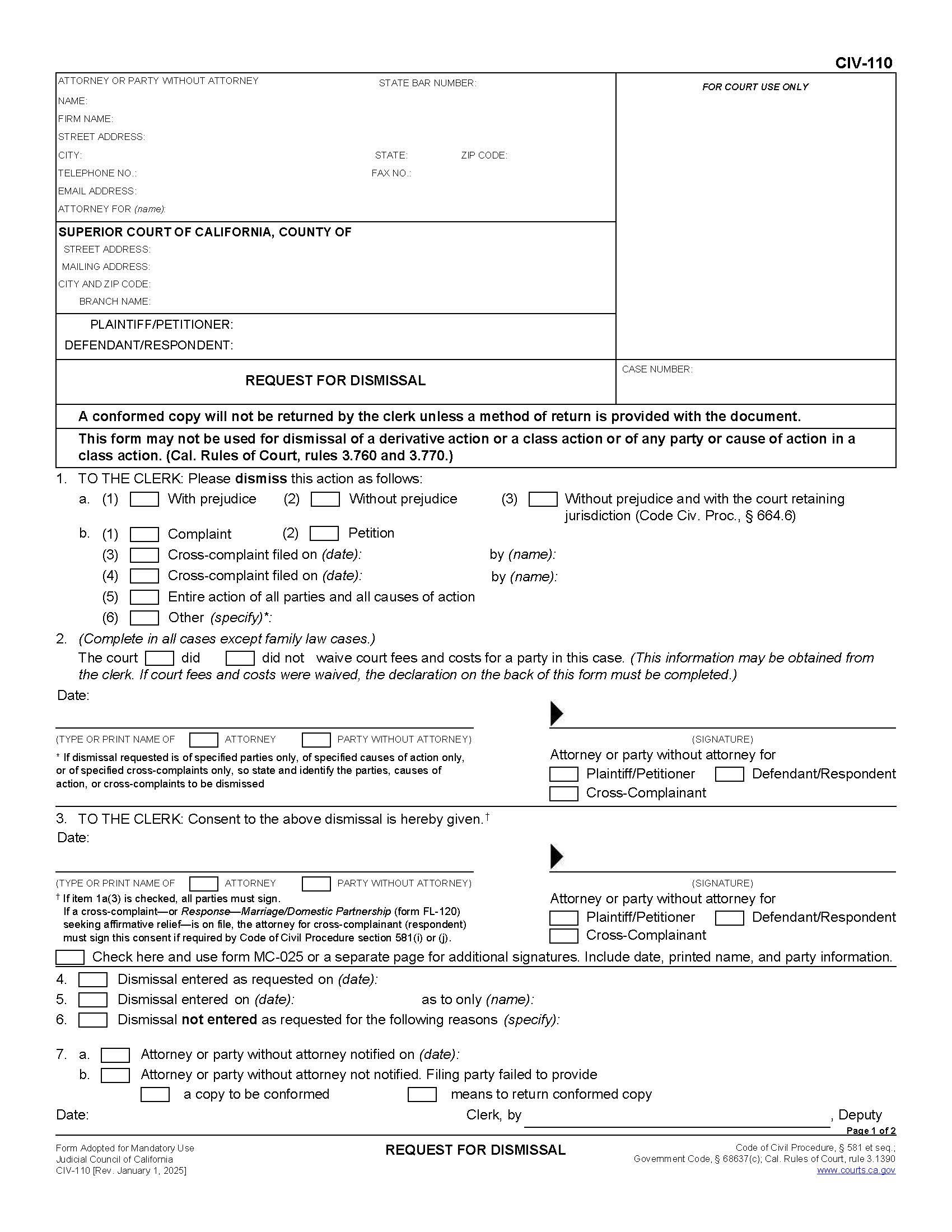 Request For Dismissal {CIV-110} | Pdf Fpdf Doc Docx | California