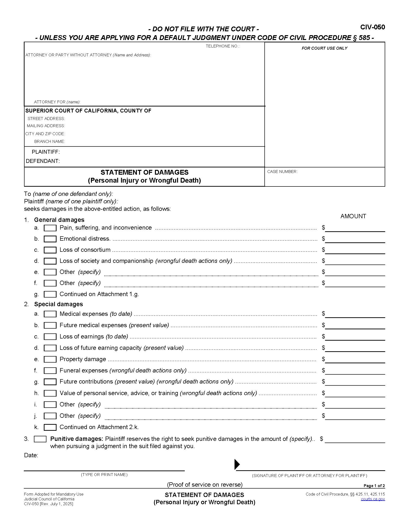 Statement Of Damages (Personal Injury Or Wrongful Death) {CIV-050} | Pdf Fpdf Doc Docx | California