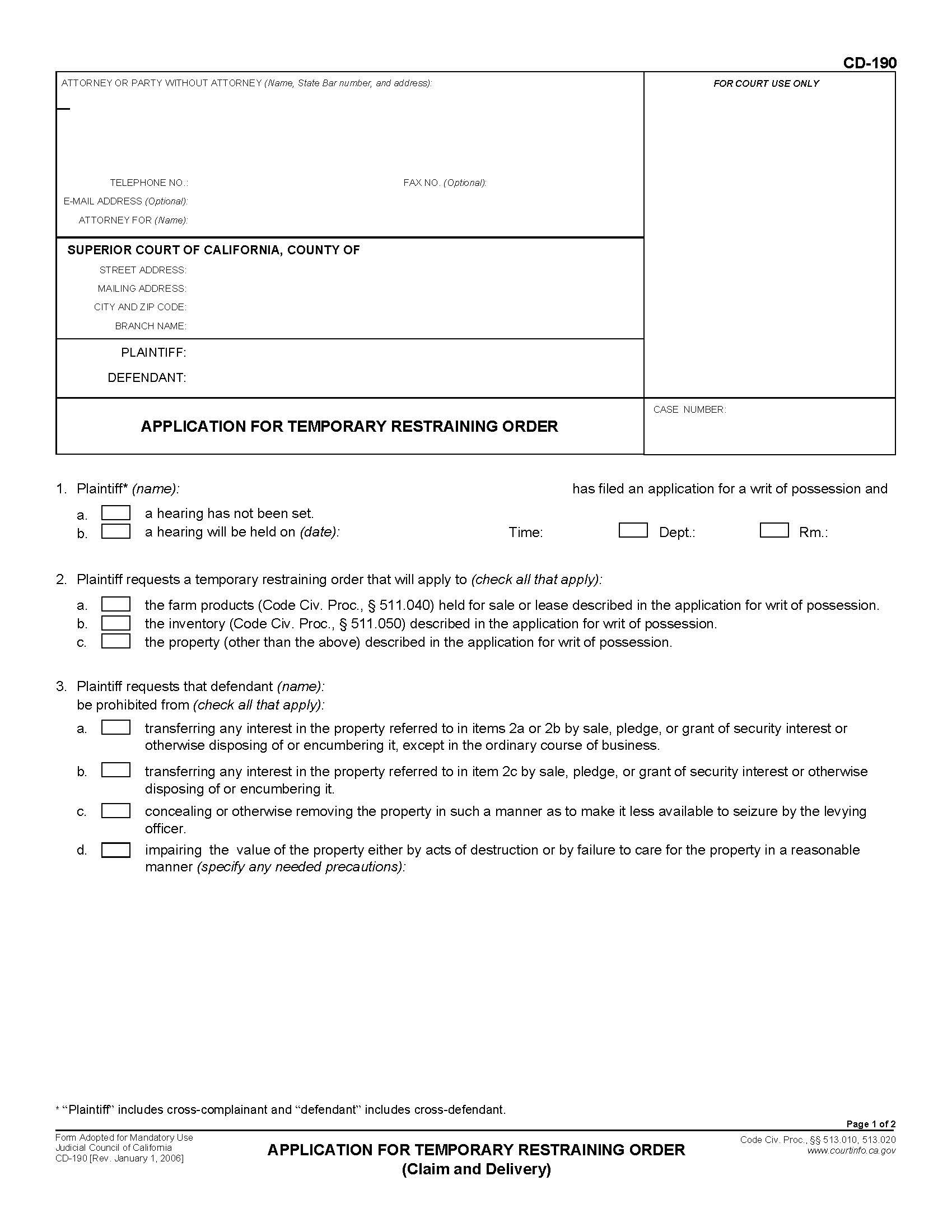 Application For Temporary Restraining Order (Claim And Delivery) {CD-190} | Pdf Fpdf Doc Docx | California