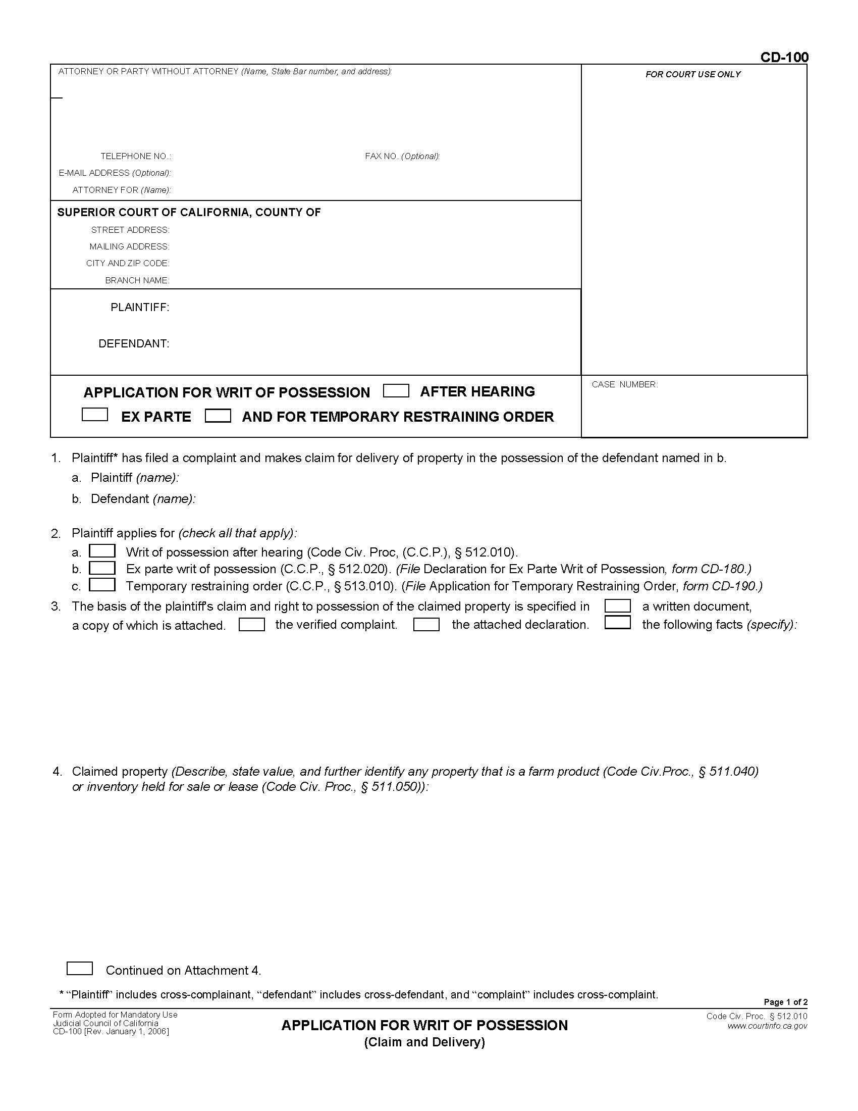 Application For Writ Of Possession (Claim and Delivery) {CD-100} | Pdf Fpdf Doc Docx | California
