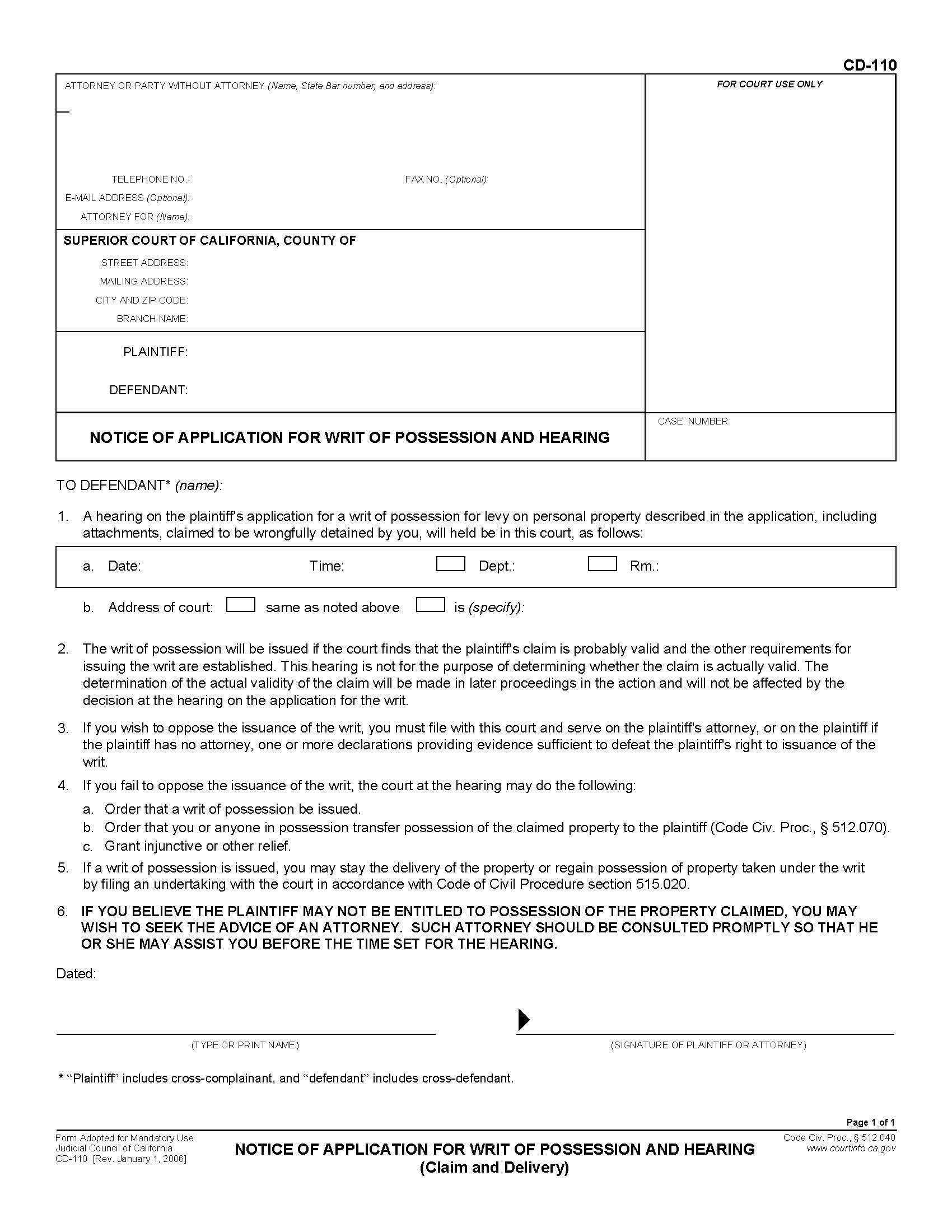 Notice Of Application For Writ Of Possession And Hearing (Claim and Delivery) {CD-110} | Pdf Fpdf Doc Docx | California