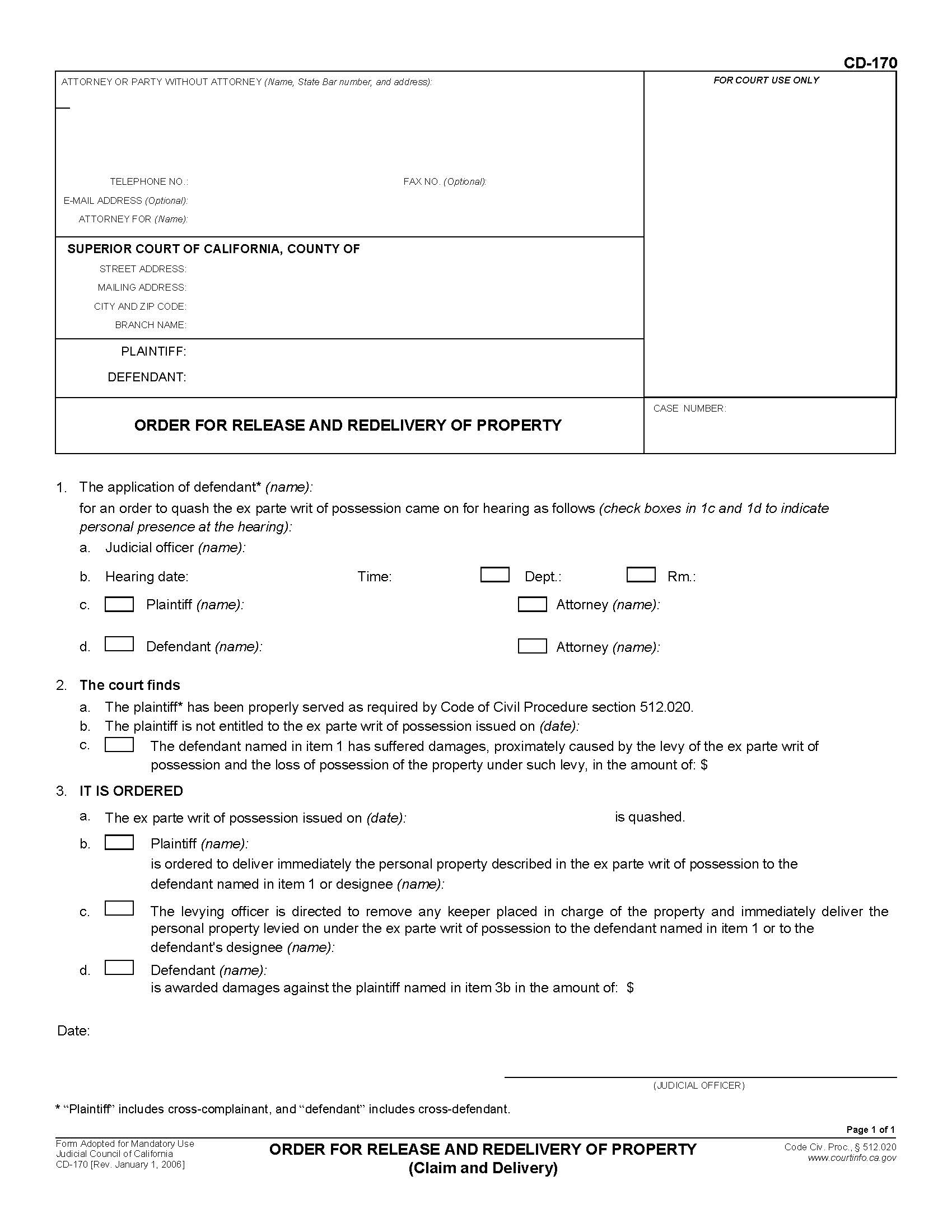 Order For Release And Redelivery Of Property (Claim and Delivery) {CD-170} | Pdf Fpdf Doc Docx | California
