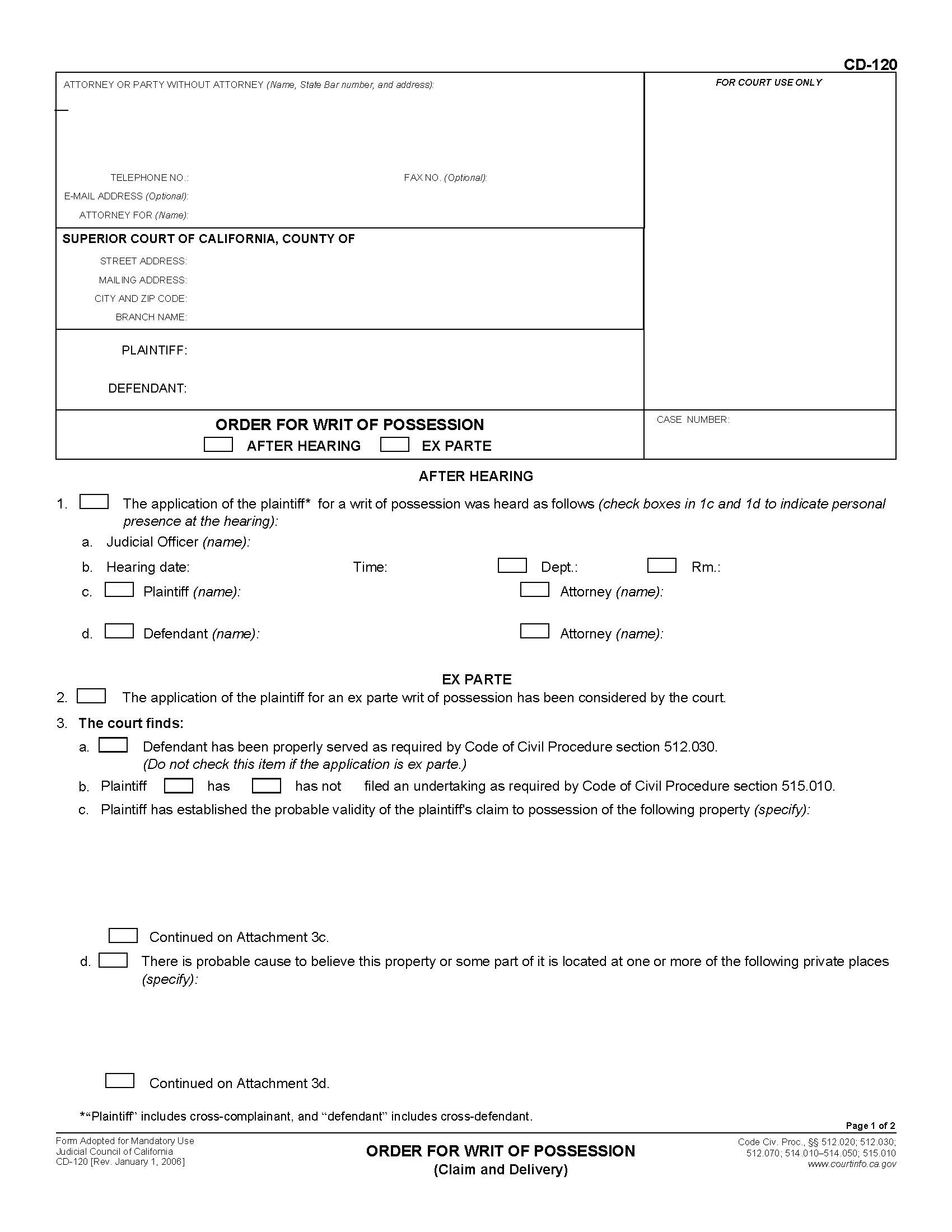 Order For Writ Of Possession (Claim and Delivery) {CD-120} | Pdf Fpdf Doc Docx | California