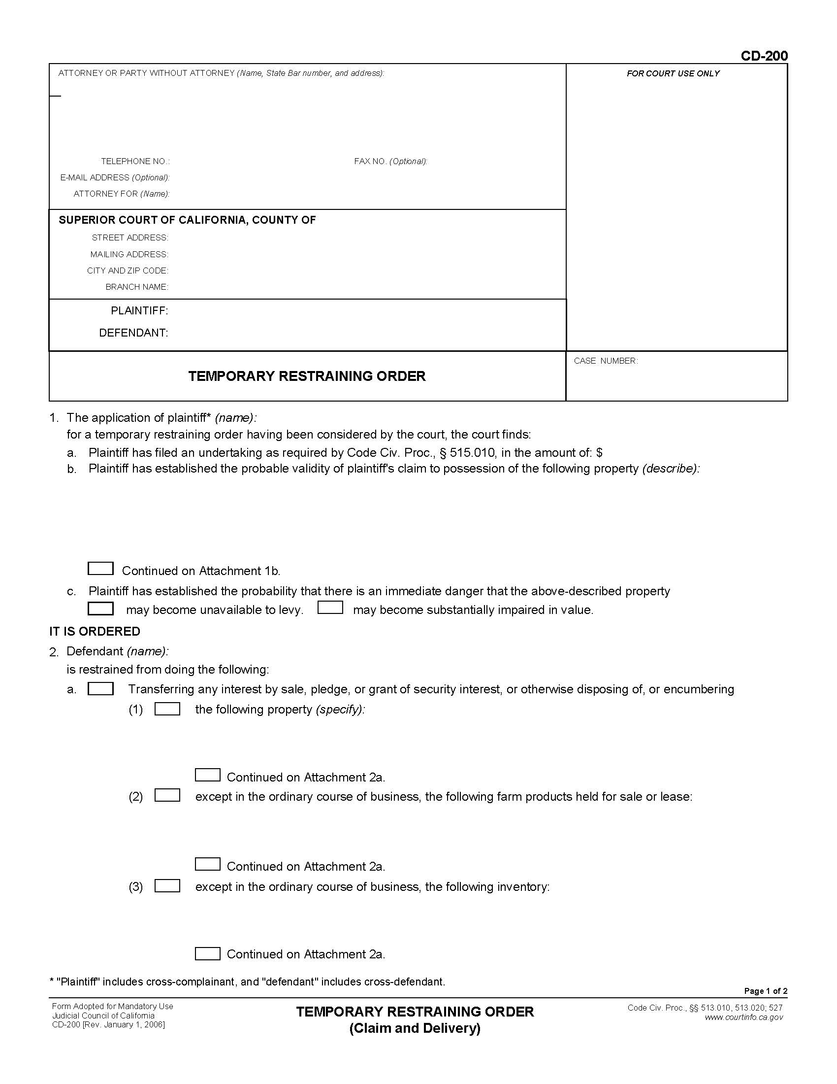 Temporary Restraining Order (Claim and Delivery) {CD-200} | Pdf Fpdf Doc Docx | California