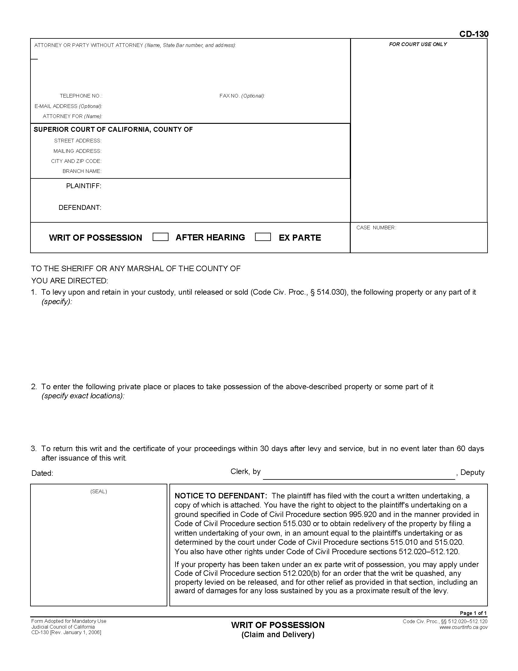 Writ Of Possession (Claim and Delivery) {CD-130} | Pdf Fpdf Doc Docx | California