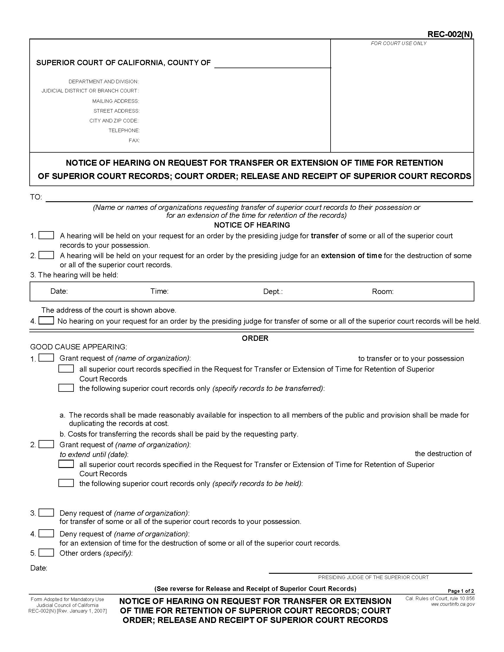 Notice Of Hearing On Request For Transfer Or Extension Of Time For Retention {REC-002(N)} | Pdf Fpdf Doc Docx | California