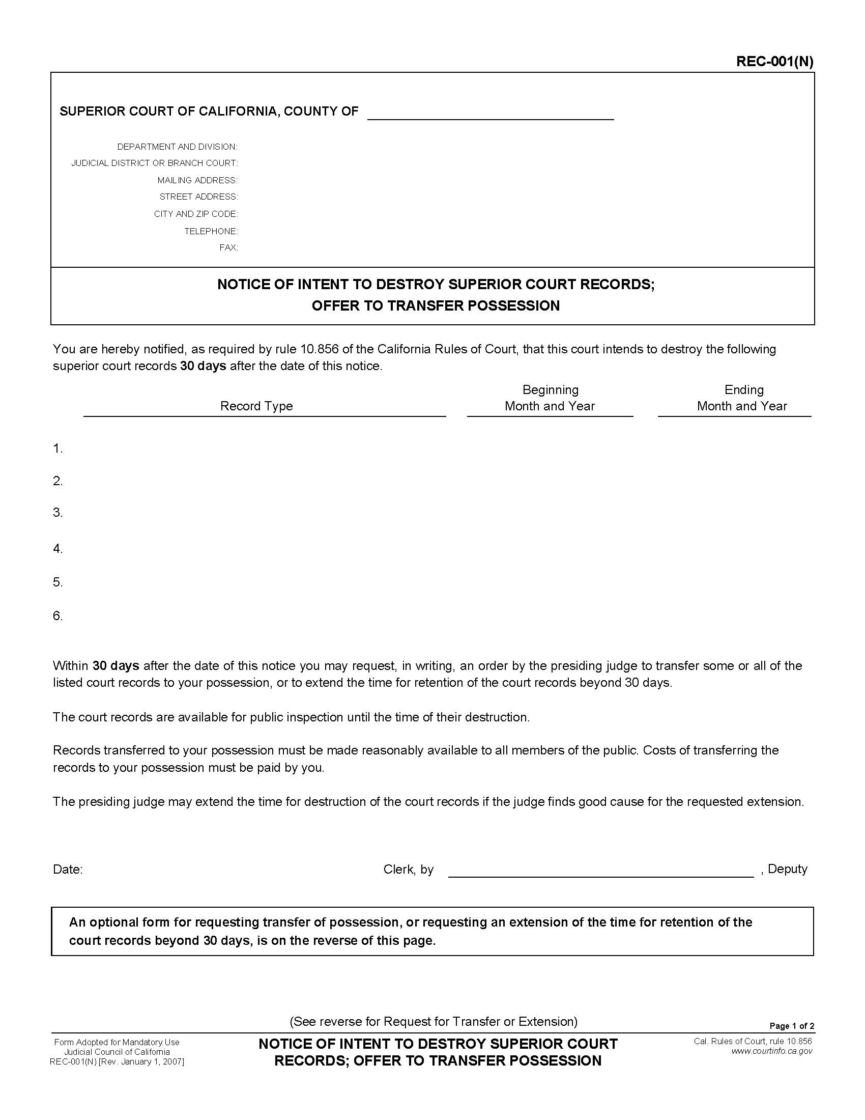 Notice Of Intent To Destroy Superior Court Records Offer To Transfer Possession {REC-001(N)} | Pdf Fpdf Doc Docx | California