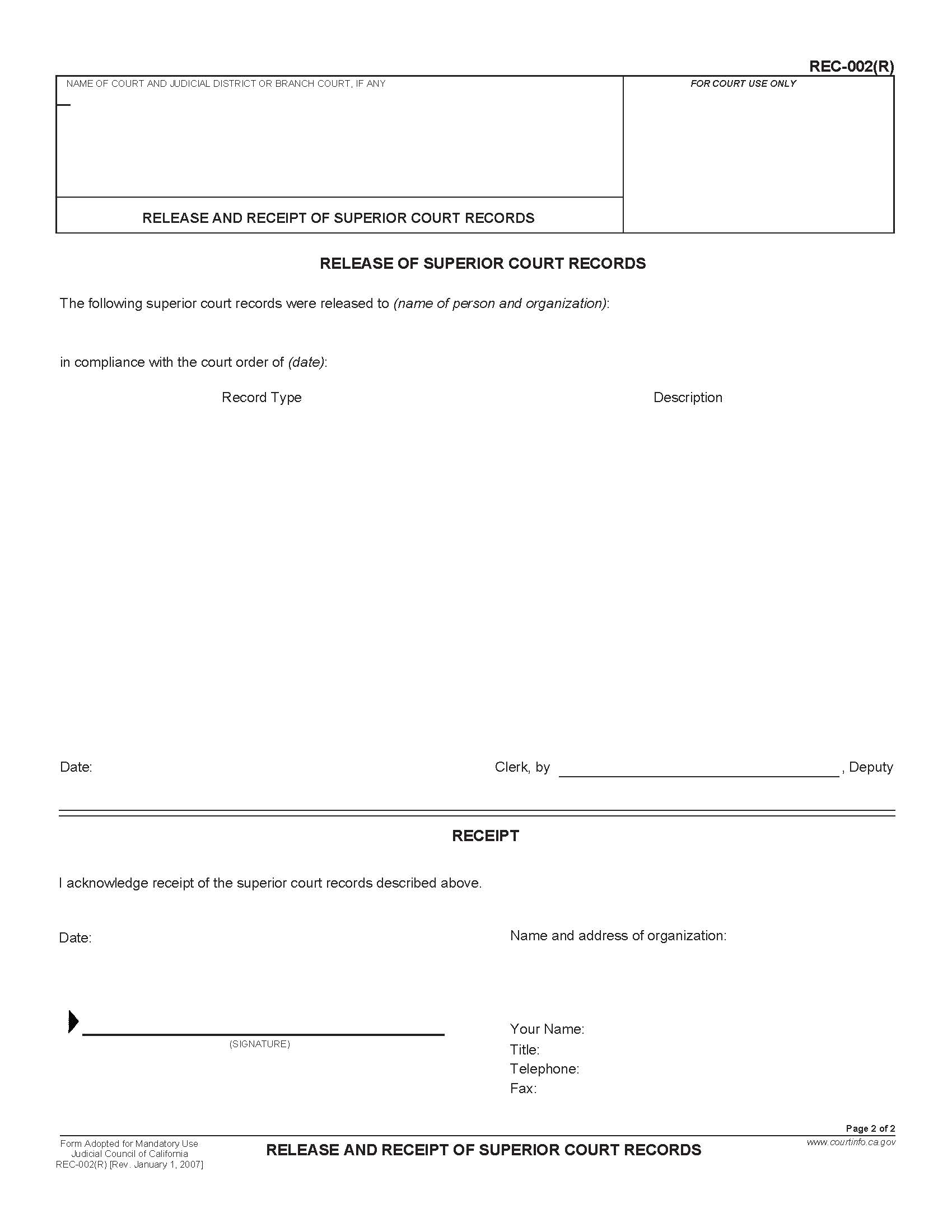 Release And Receipt Of Superior Court Records {REC-002(R)} | Pdf Fpdf Doc Docx | California
