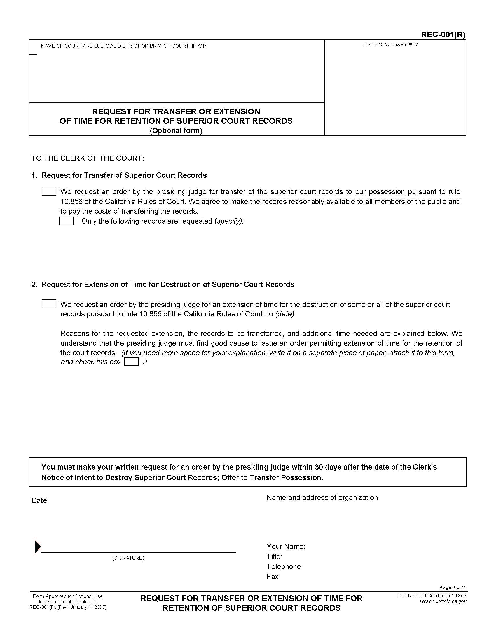 Request For Transfer Or Extension Of Time For Retention Of Superior Court Records {REC-001(R)} | Pdf Fpdf Doc Docx | California