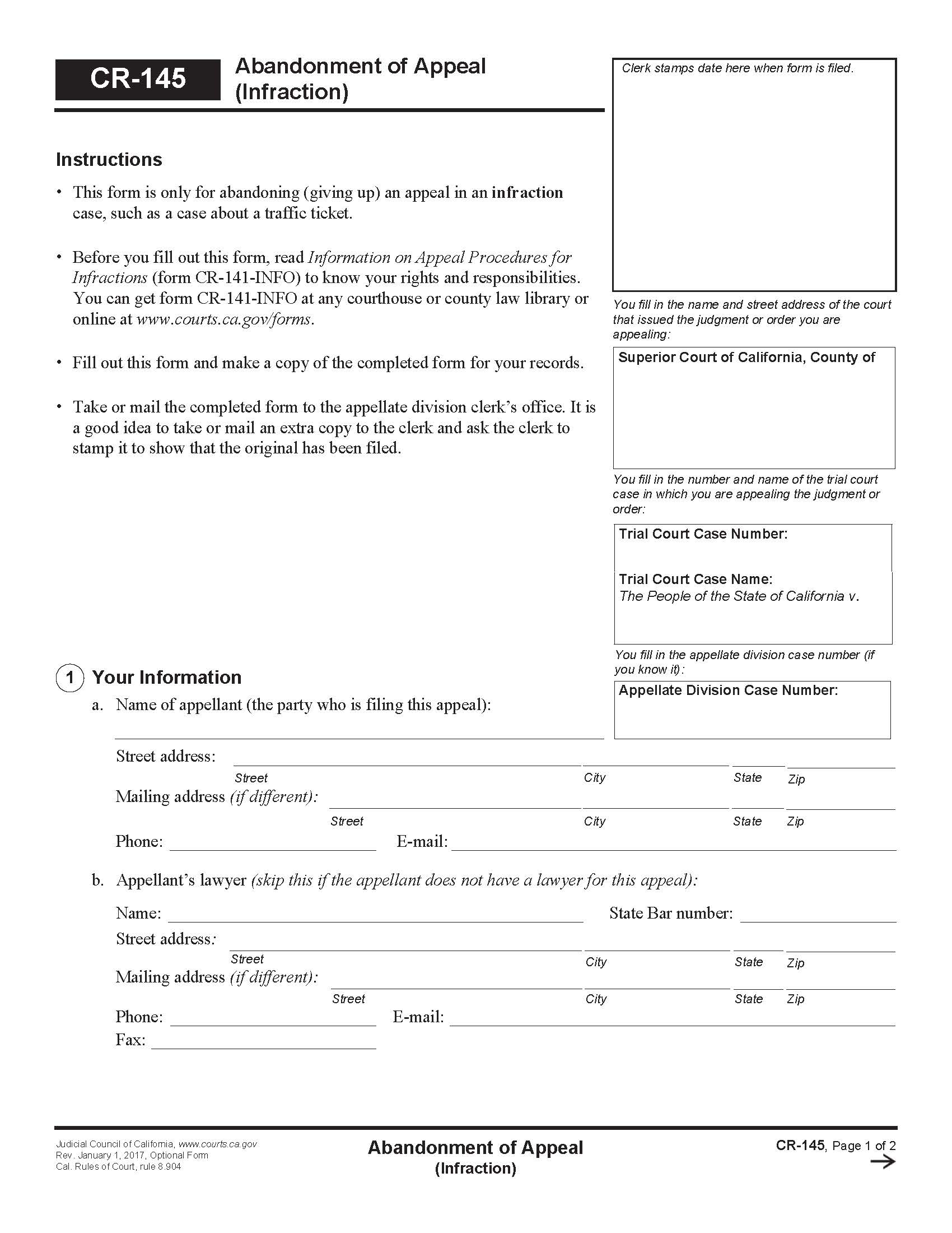 Abandonment Of Appeal (Infraction) {CR-145} | Pdf Fpdf Doc Docx | California