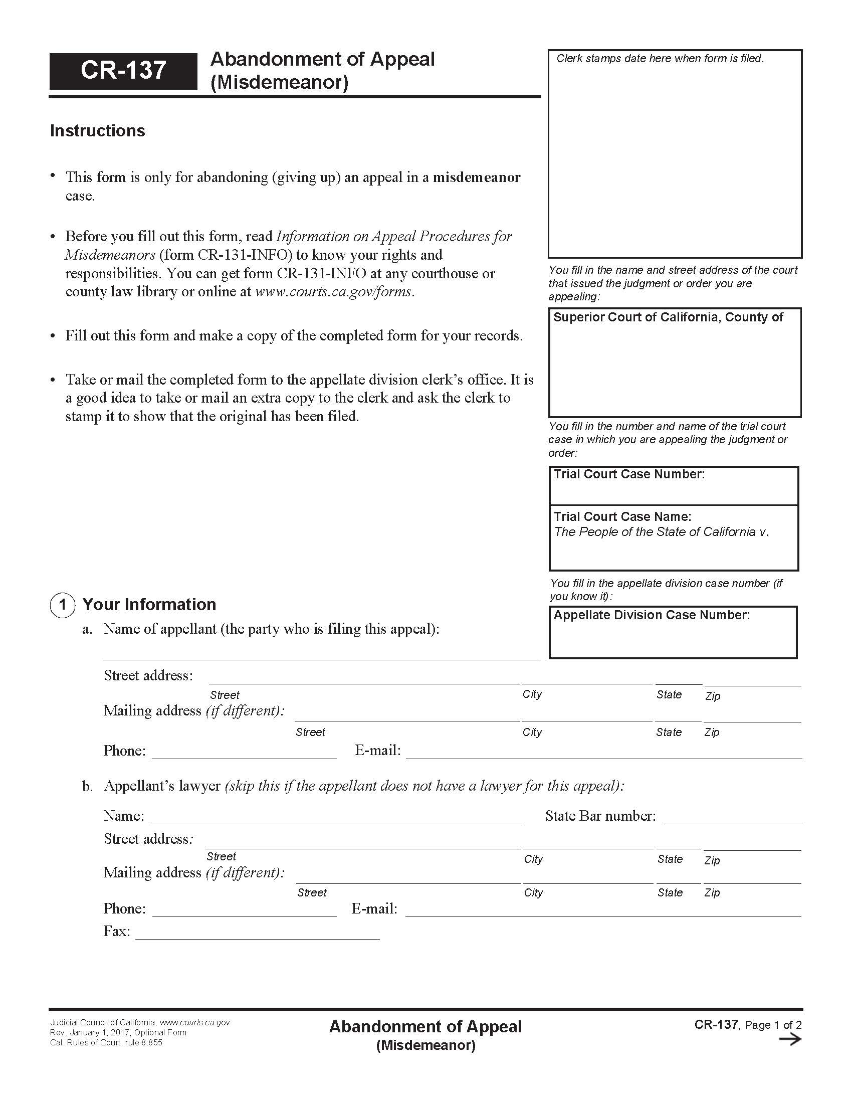 Abandonment Of Appeal (Misdemeanor) {CR-137} | Pdf Fpdf Doc Docx | California