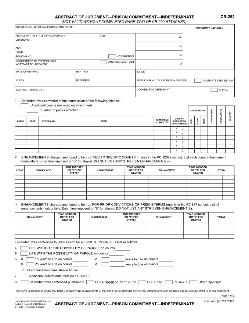 Abstract Of Judgment-Prison Commitment-Indeterminate {CR-292} | Pdf Fpdf Docx | California