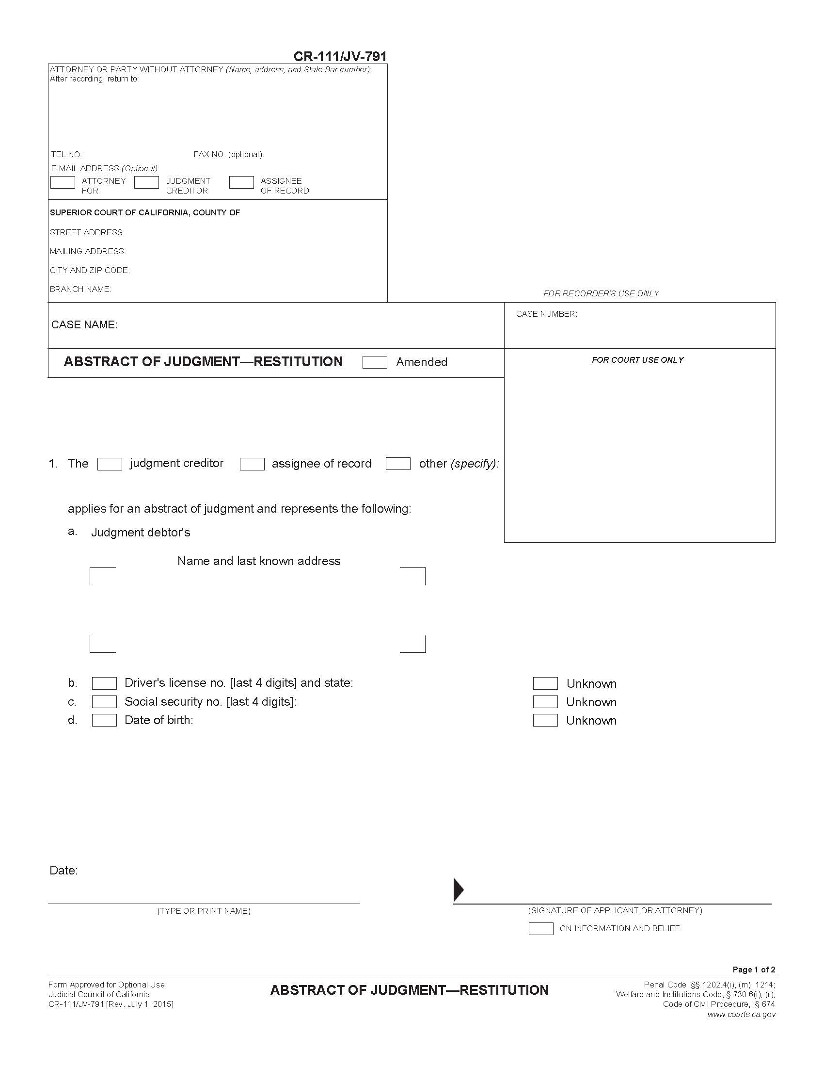 Abstract Of Judgment-Restitution {CR-111 JV-791} | Pdf Fpdf Doc Docx | California
