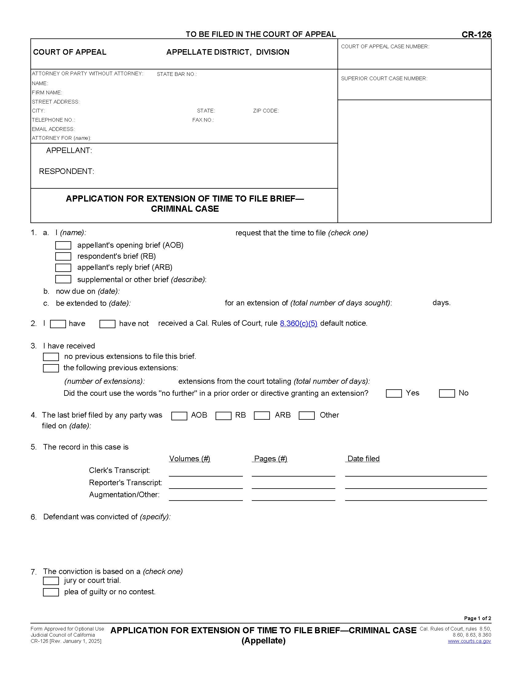 Application For Extension Of Time To File Brief (Criminal Case) {CR-126} | Pdf Fpdf Doc Docx | California