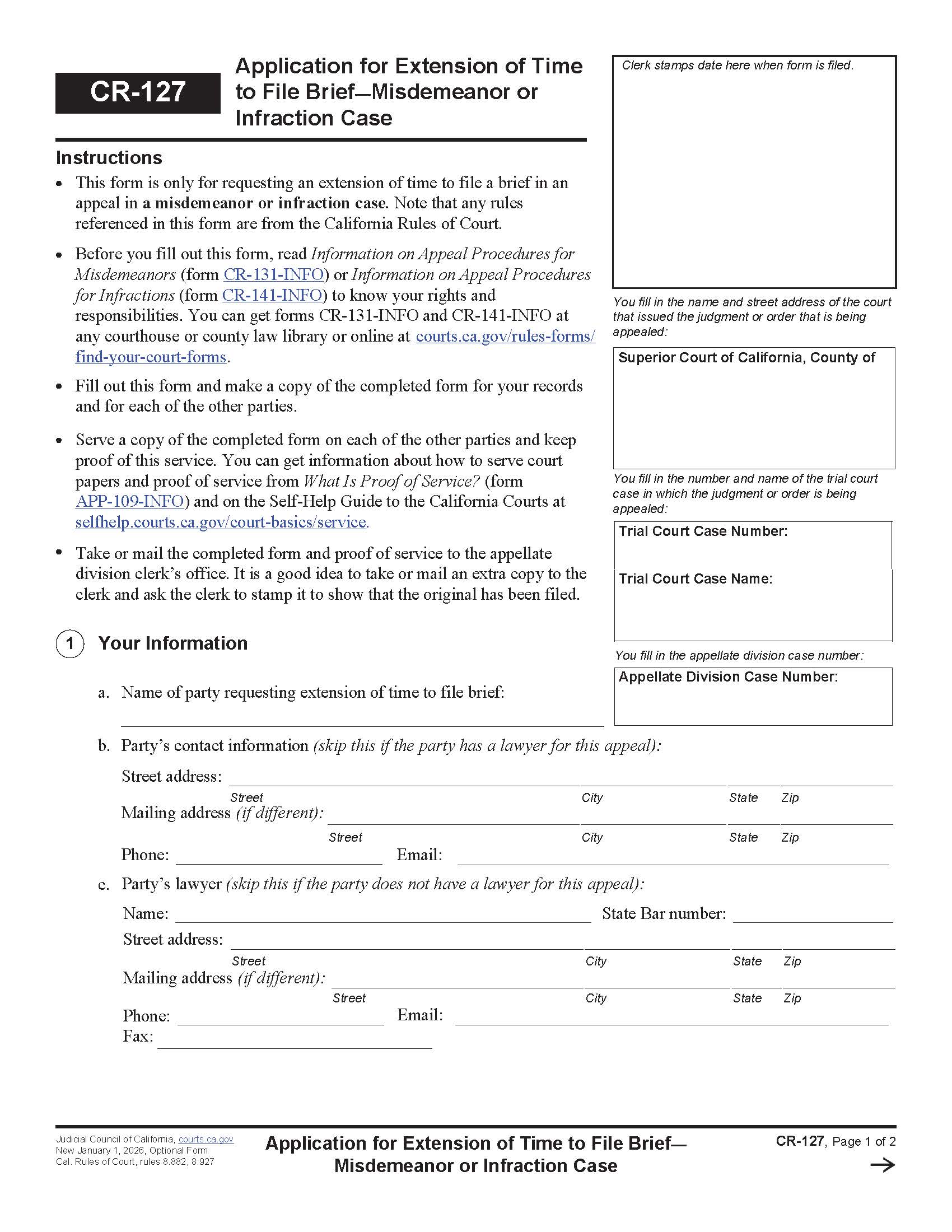 Application For Extension Of Time To File Brief-Misdemeanor Or Infraction Case {CR-127} | Pdf Fpdf Docx | California