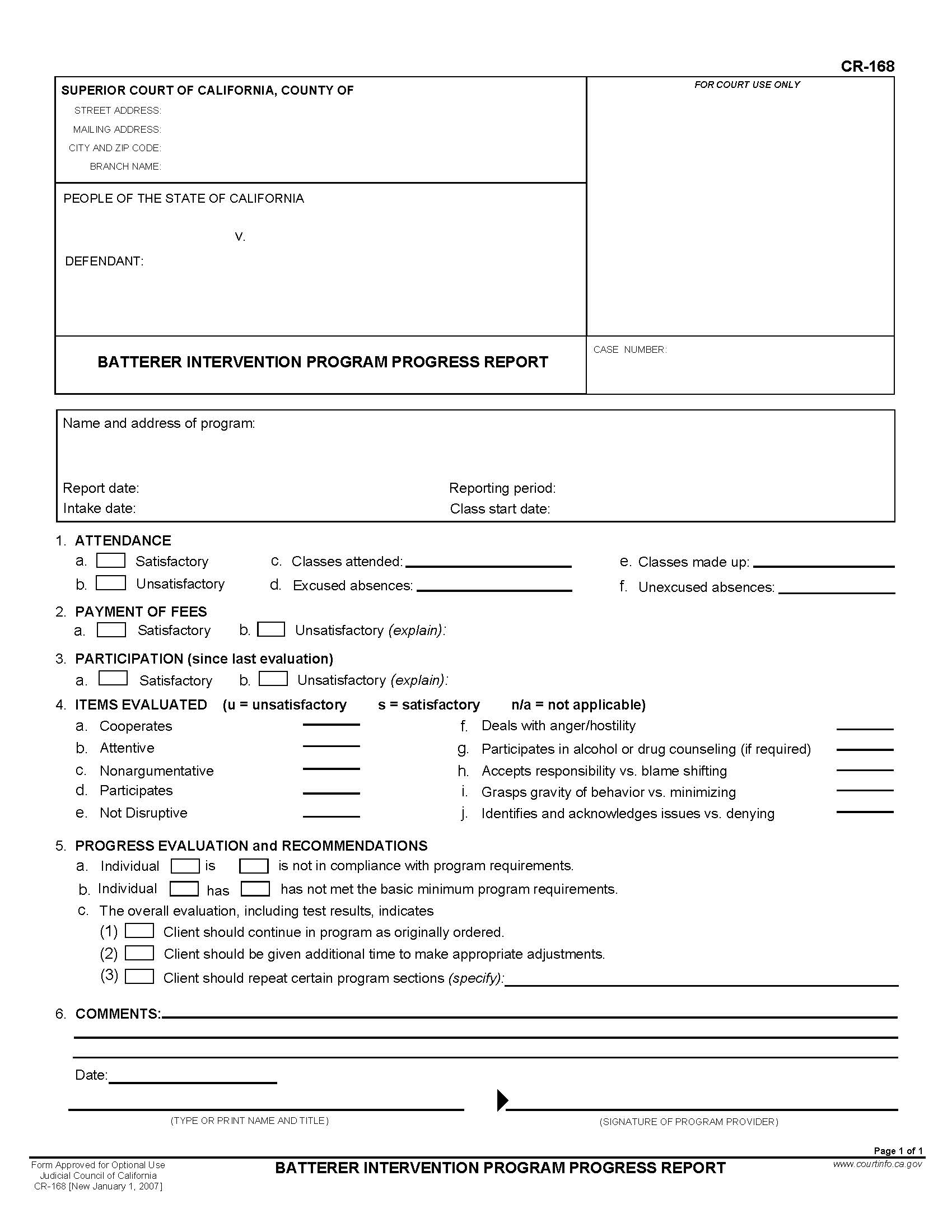 Batterer Intervention Program Progress Report {CR-168} | Pdf Fpdf Doc Docx | California