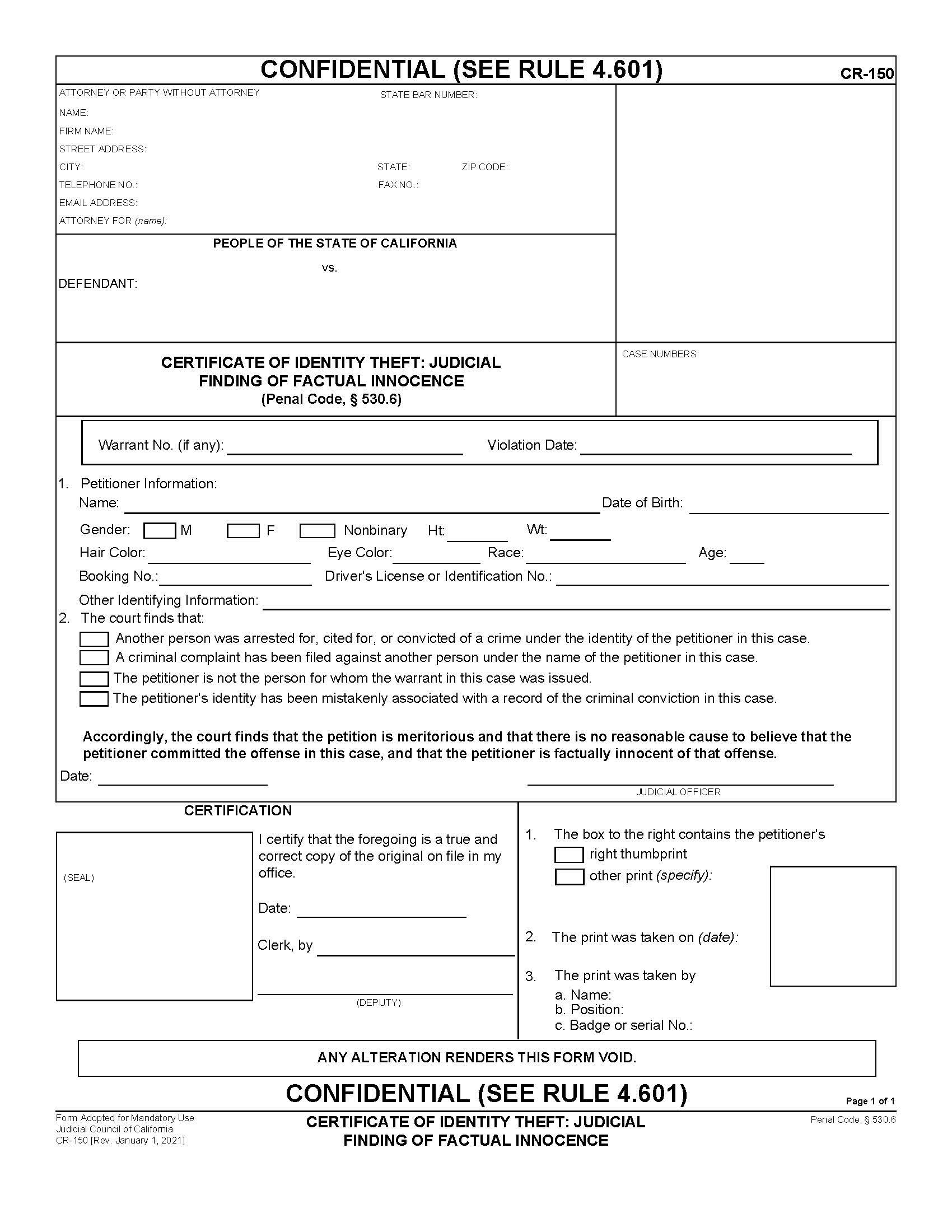 Certificate Of Identity Theft Judicial Finding Of Factual Innocence {CR-150} | Pdf Fpdf Doc Docx | California